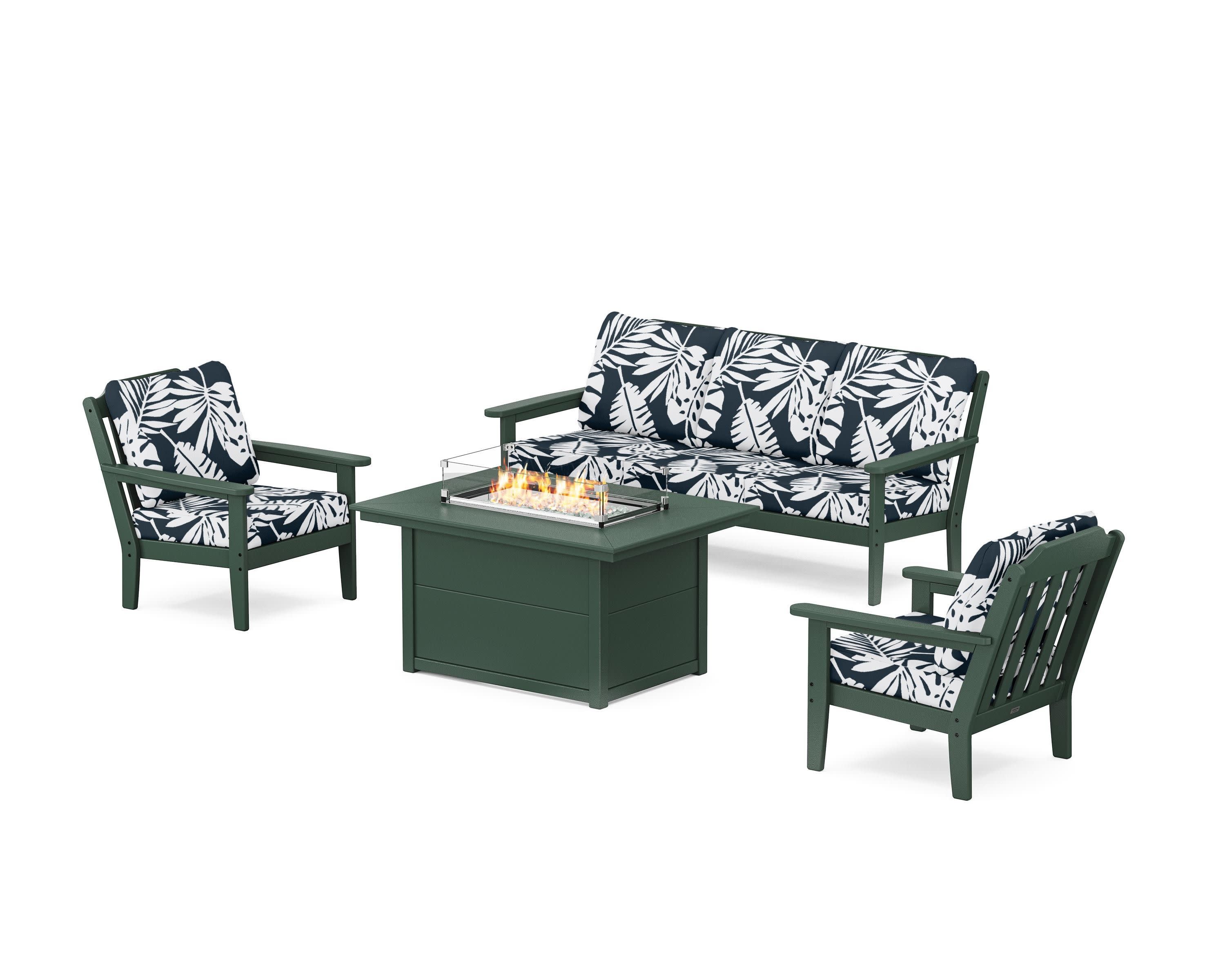 Cottage Deep Seating Fire Pit Table Set in Green / Leaf Marine Indigo