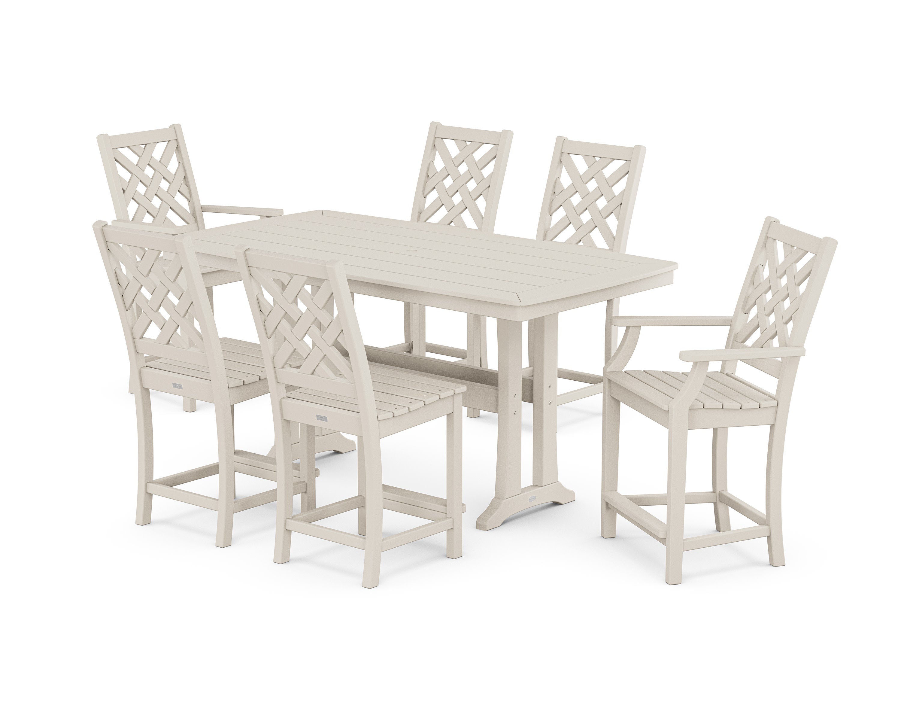 Wovendale 7-Piece Counter Set with Trestle Legs in Sand