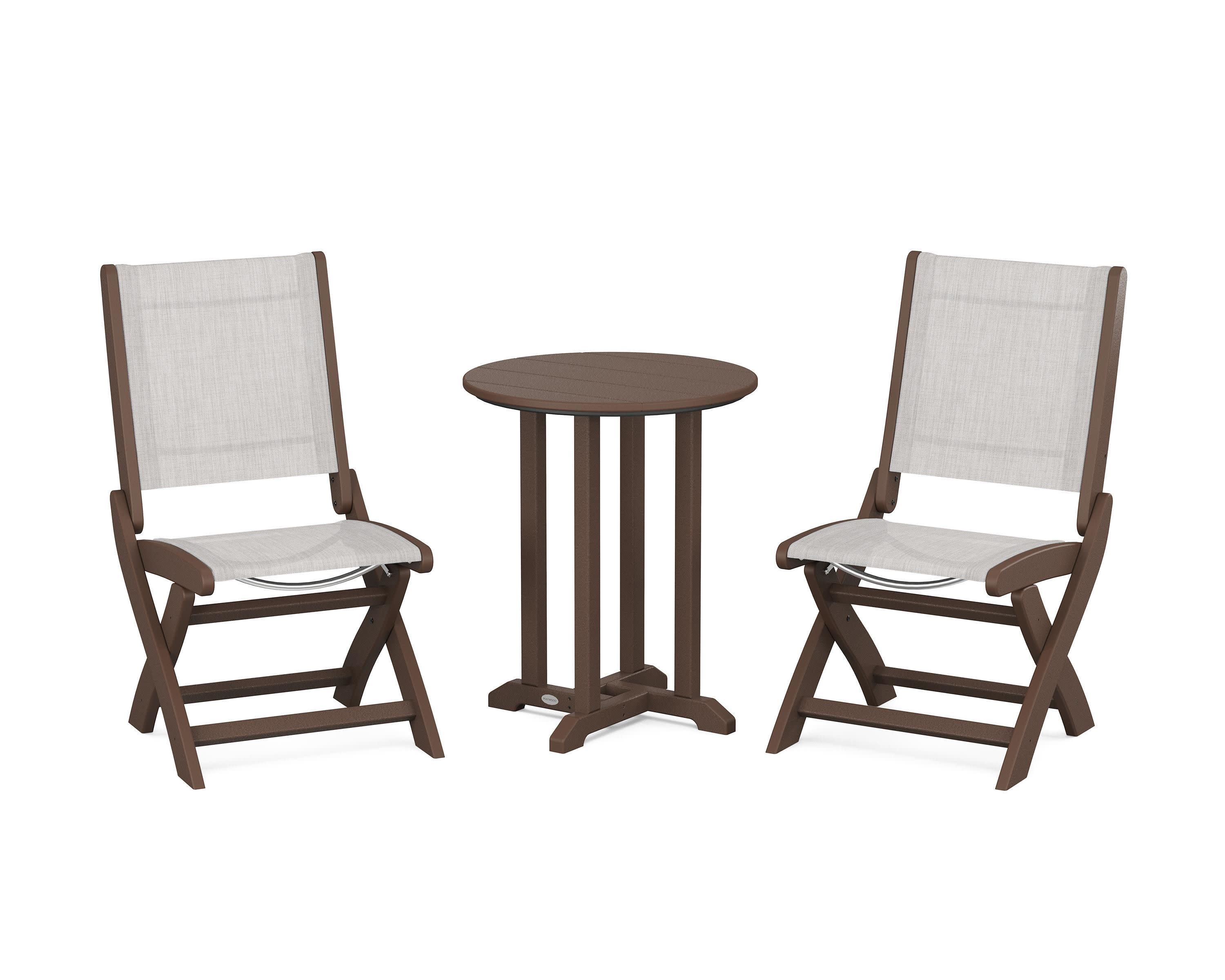Coastal Folding Side Chair 3-Piece Round Bistro Dining Set in Mahogany / Parchment Sling