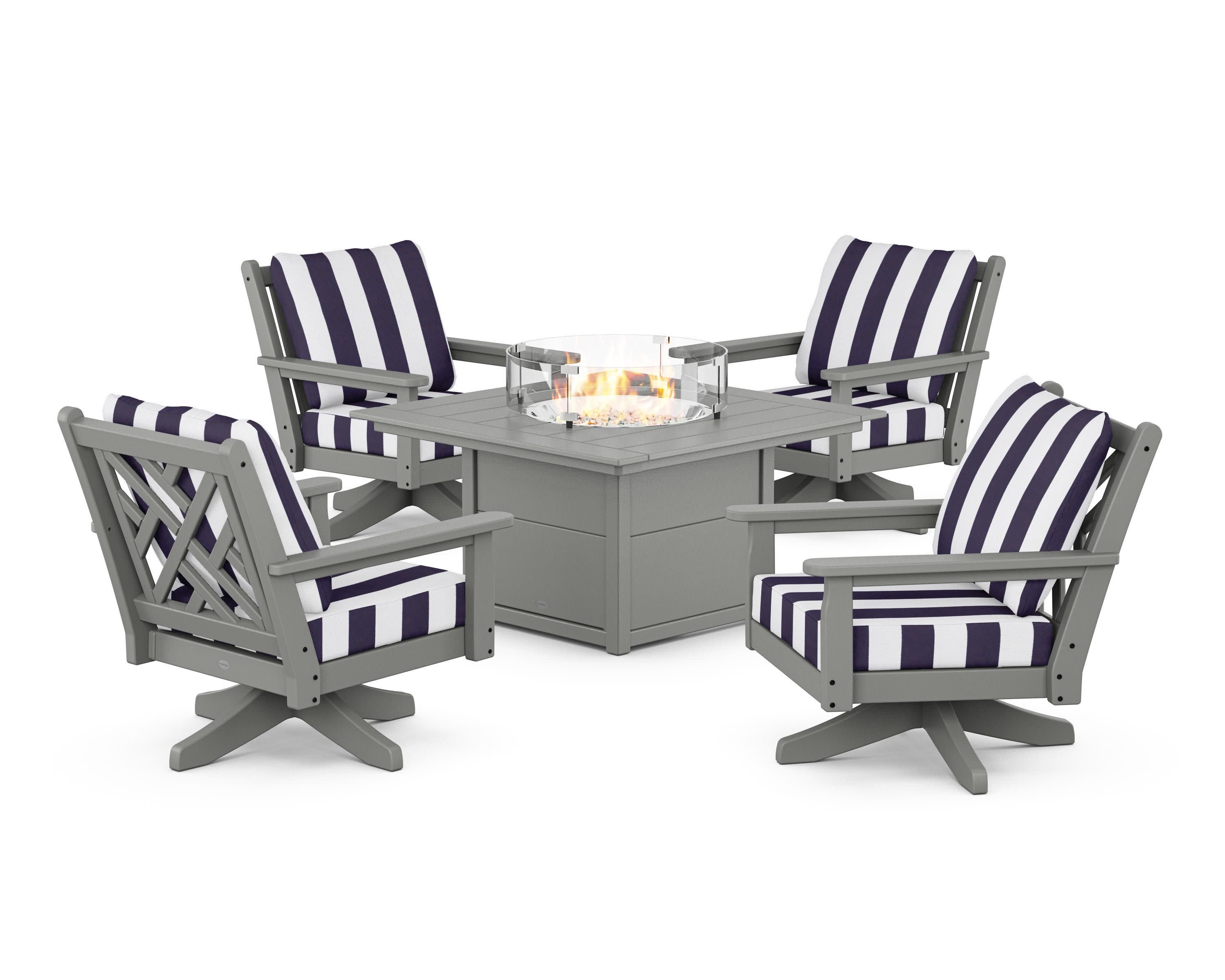 Chippendale 5-Piece Deep Seating Swivel Conversation Set with Fire Pit Table in Slate Grey / Cabana Stripe Navy