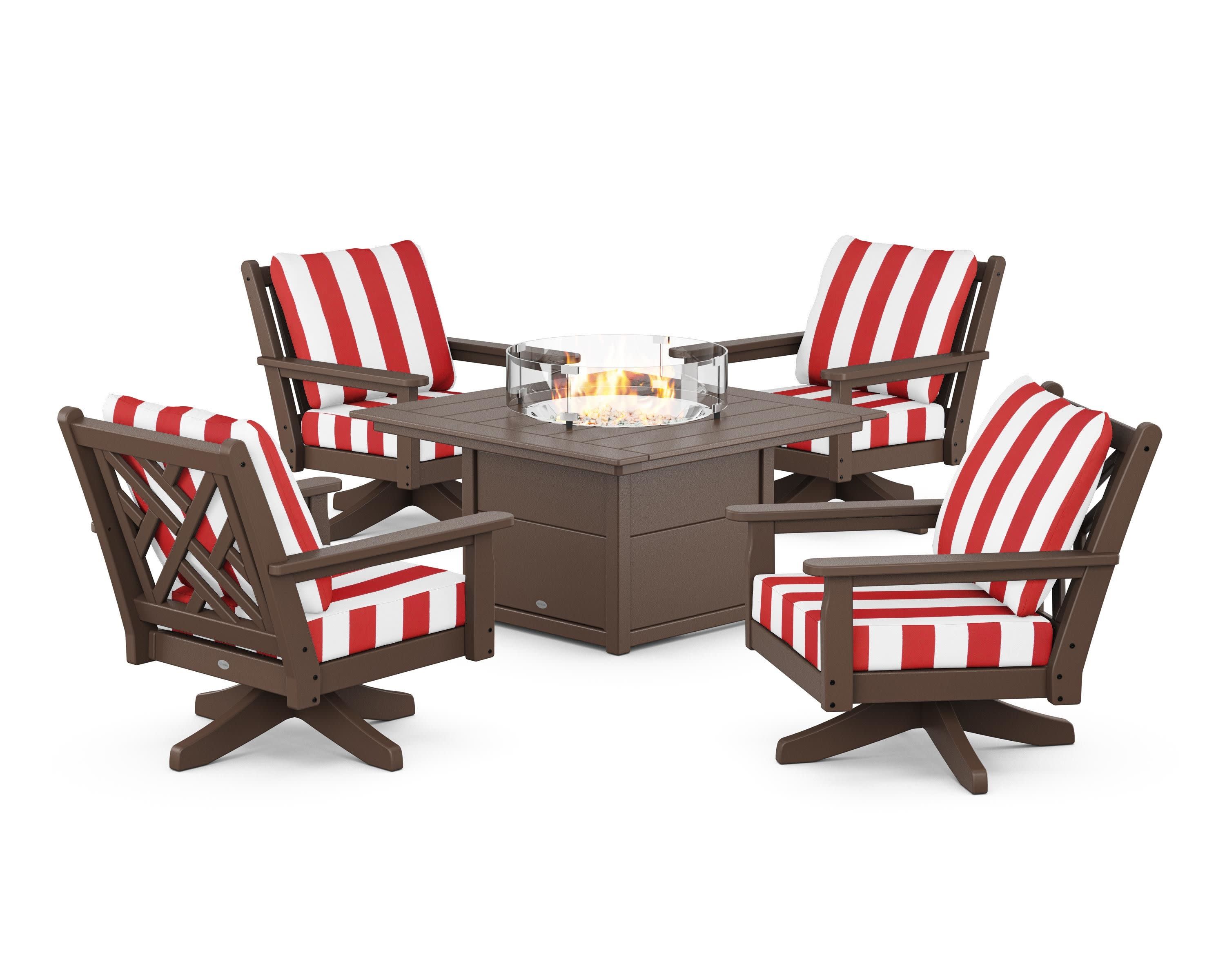 Chippendale 5-Piece Deep Seating Swivel Conversation Set with Fire Pit Table in Mahogany / Cabana Stripe Crimson