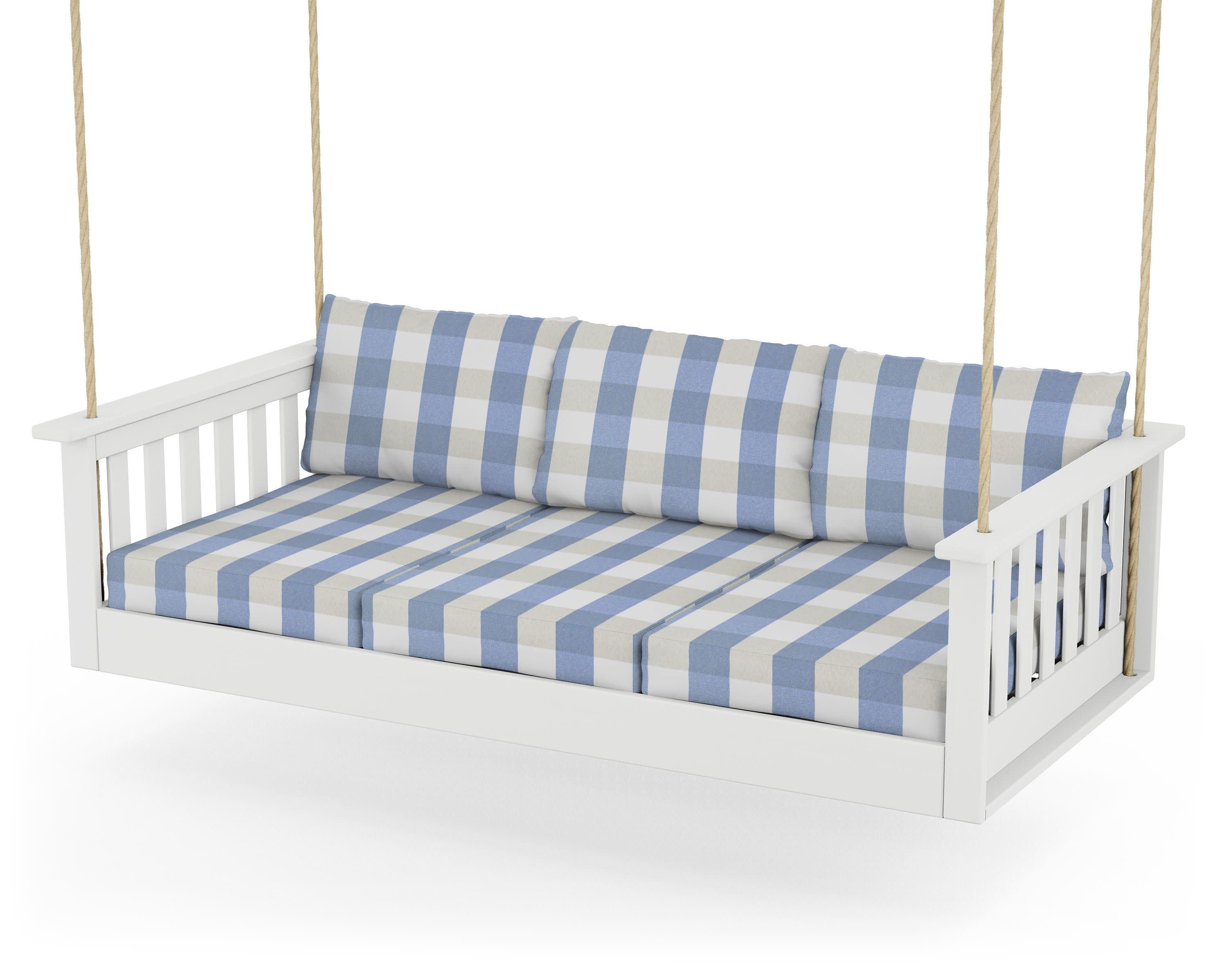 Vineyard Daybed Swing in White / Buffalo Plaid Sky Blue
