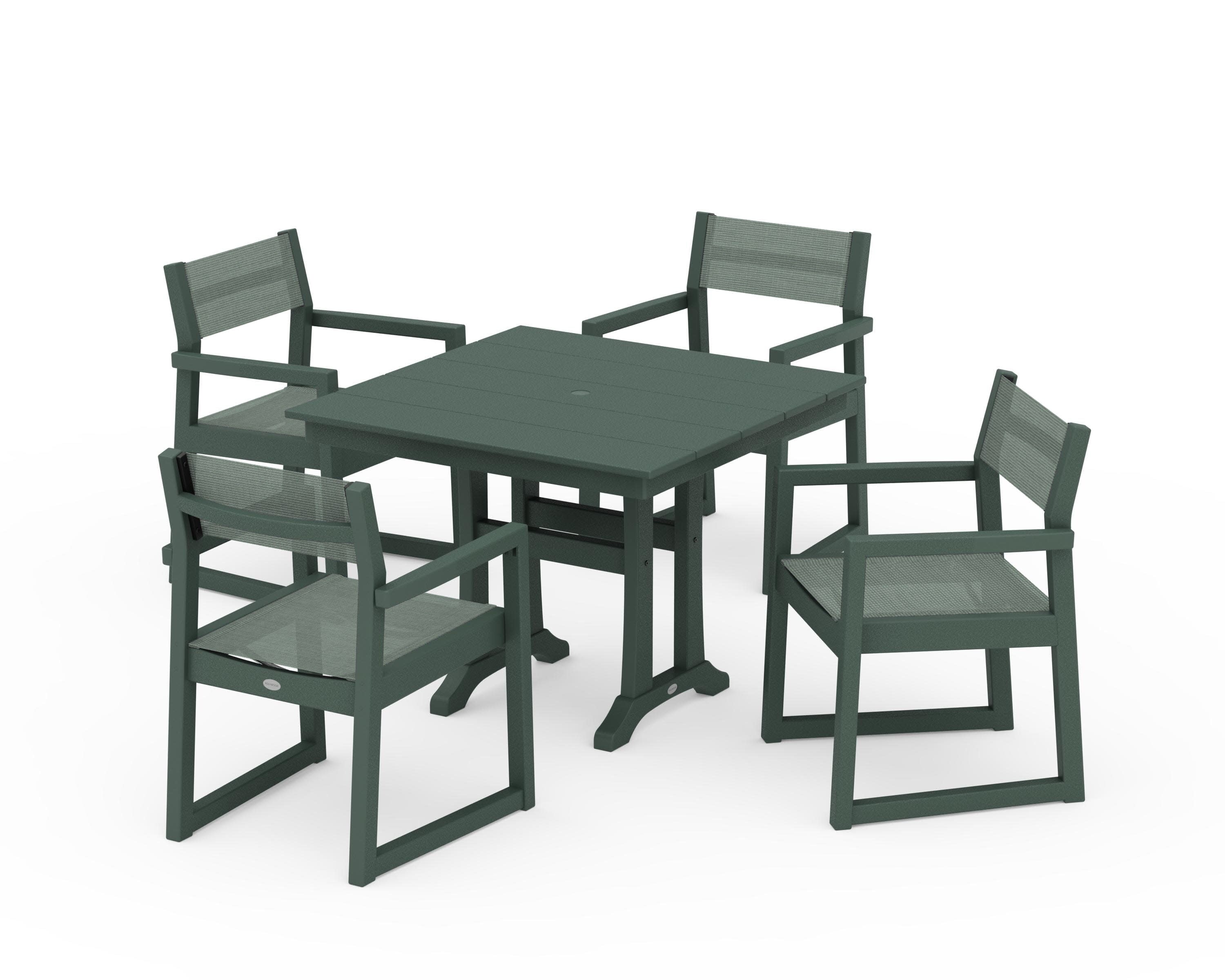 EDGE Sling 5-Piece Farmhouse Dining Set with Trestle Legs in Green / Dupioni Sea Mist Sling