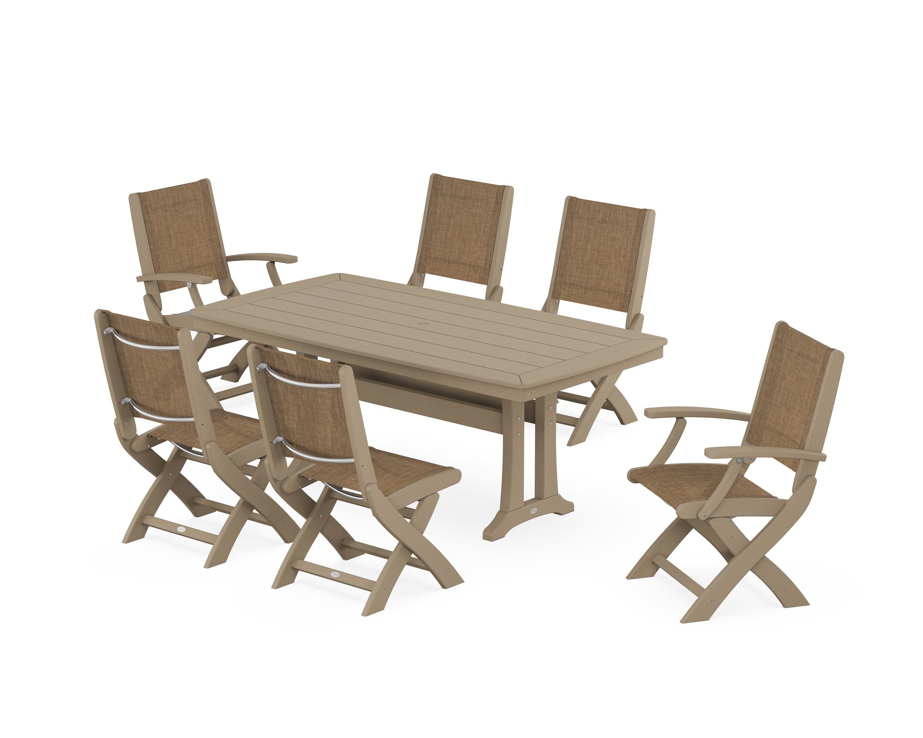 Coastal Folding Chair 7-Piece Dining Set with Trestle Legs in Vintage Sahara / Burlap Sling