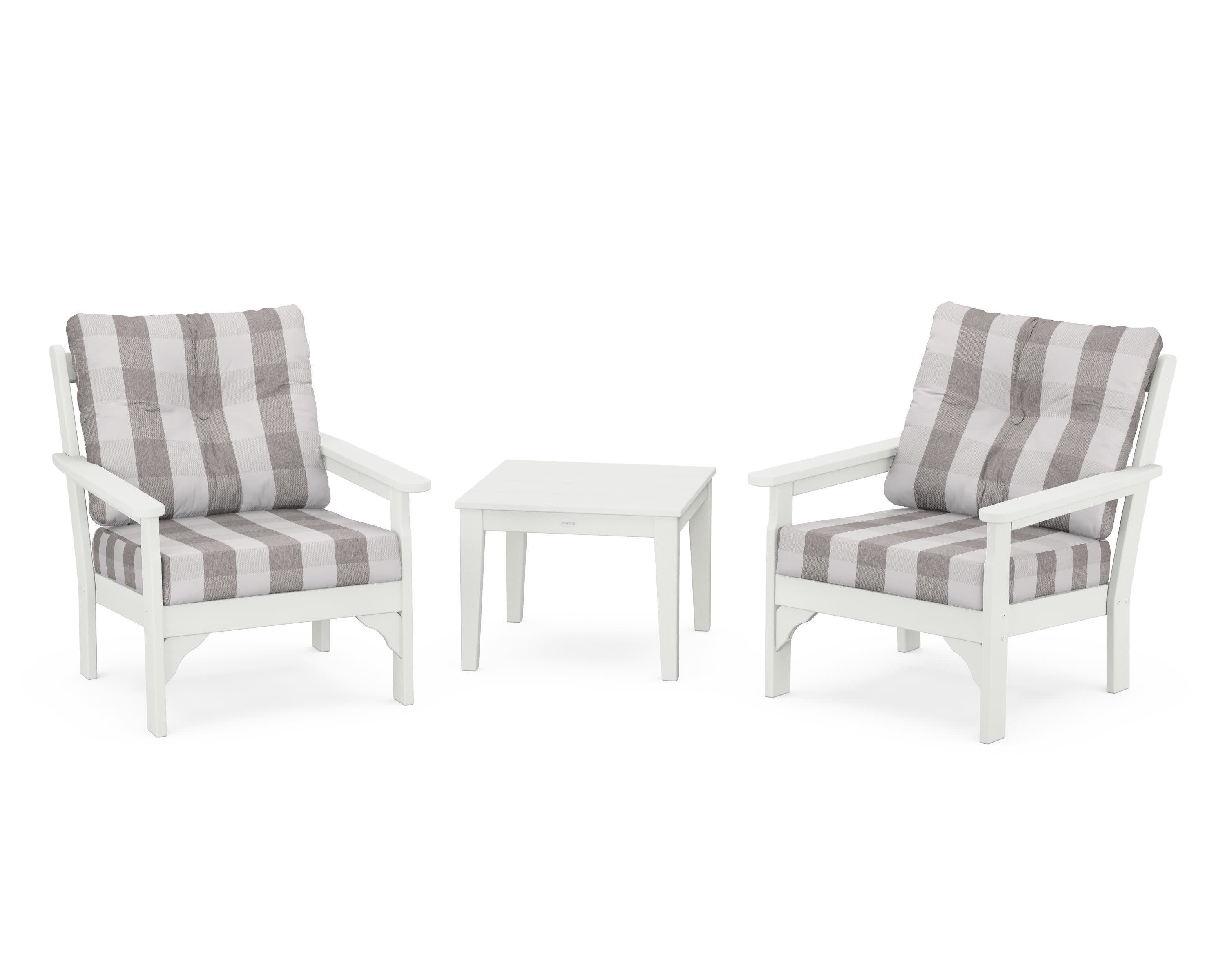 Vineyard 3-Piece Deep Seating Set in Vintage White / Buffalo Plaid Grey Mist