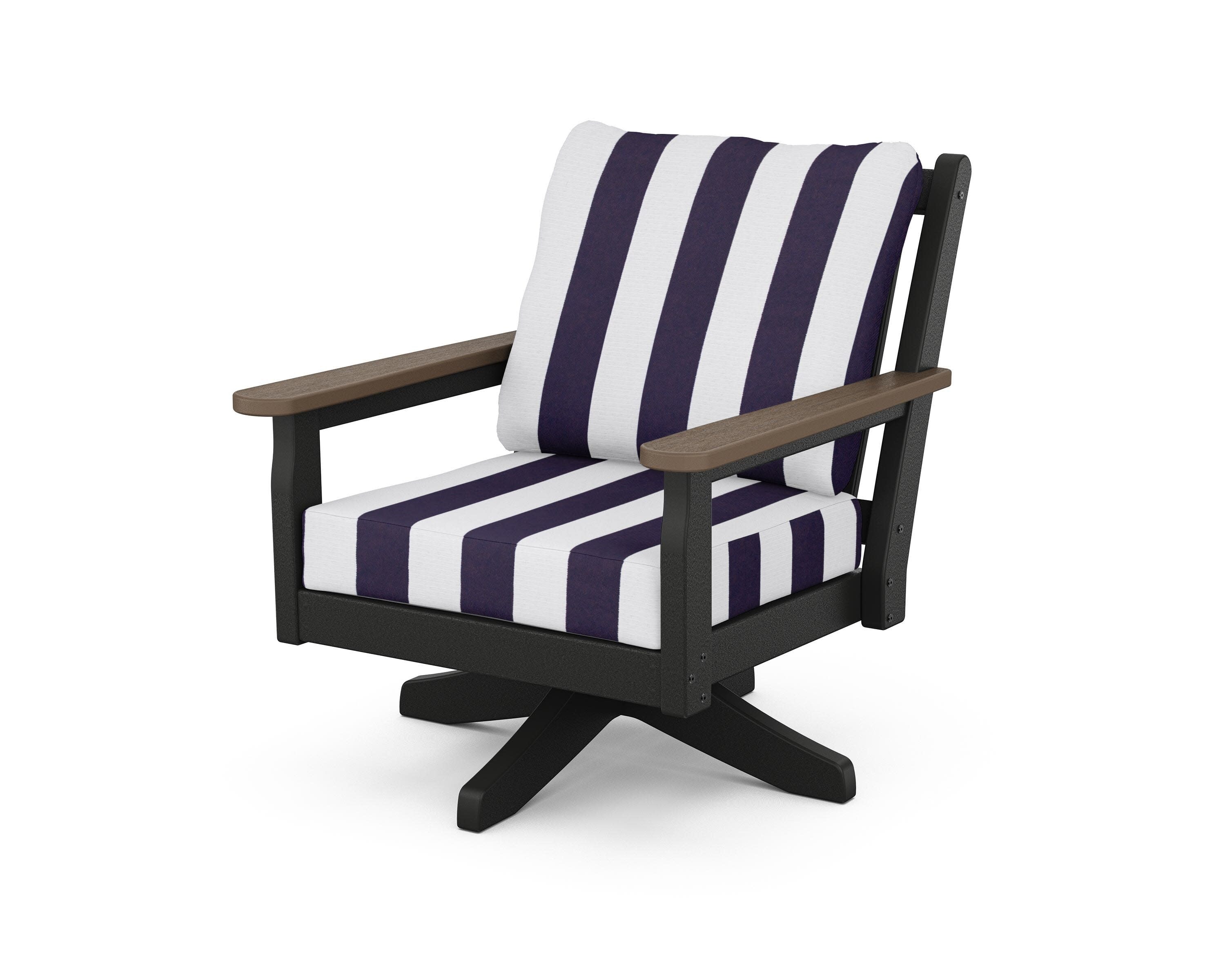 Chippendale Deep Seating Swivel Chair in Black / Kona / Cabana Stripe Navy