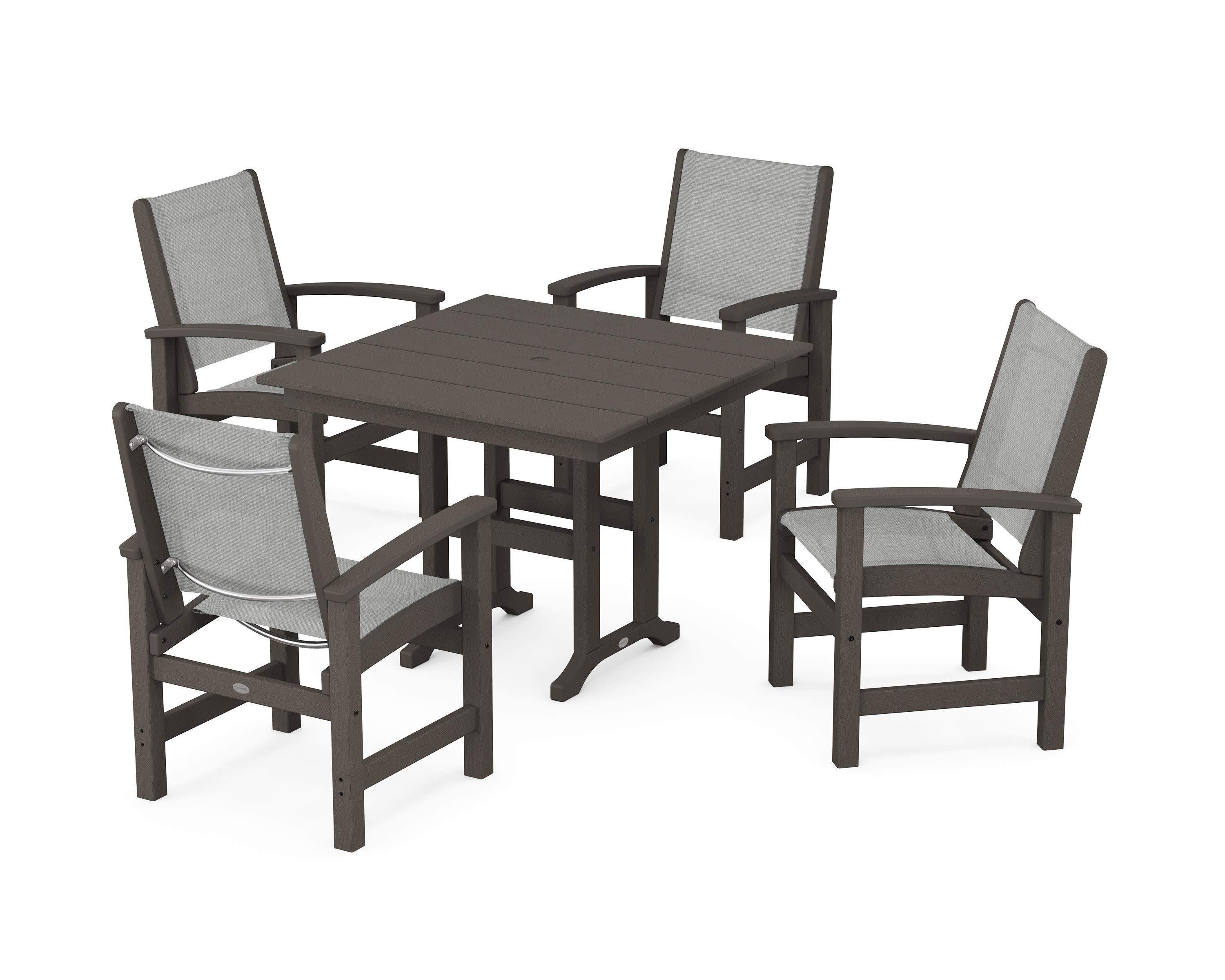 Coastal 5-Piece Farmhouse Dining Set in Vintage Coffee / Metallic Sling