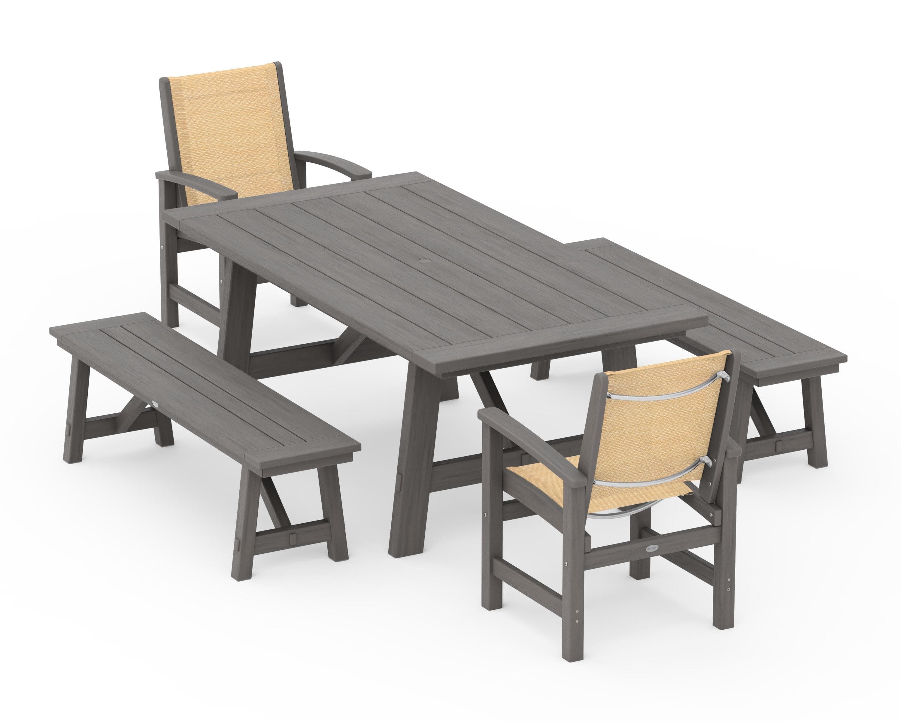 Coastal 5-Piece Rustic Farmhouse Dining Set With Benches in Driftwood / Dupioni Apricot Sling