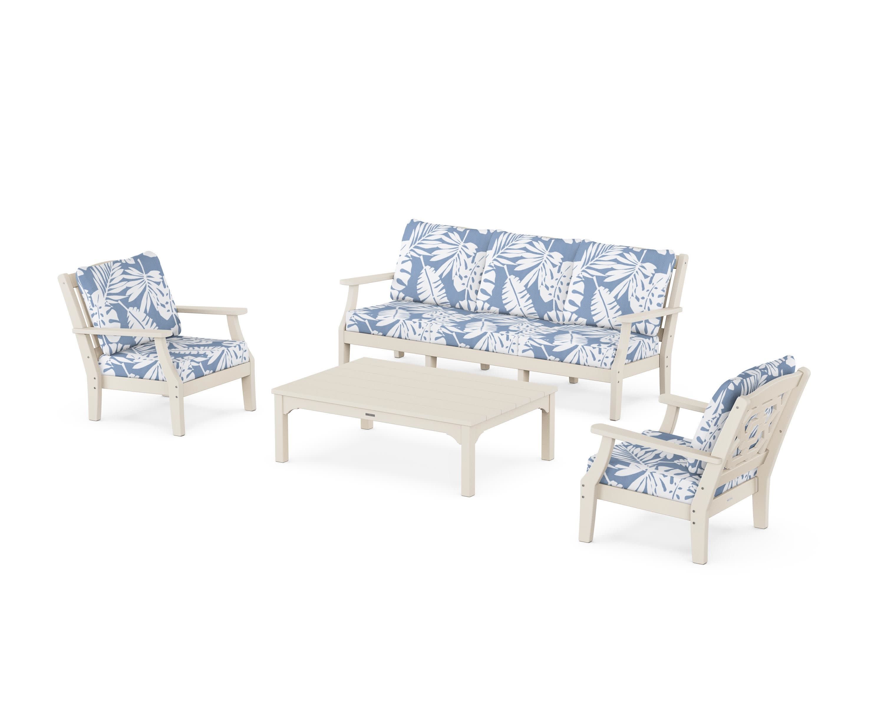 Chinoiserie 4-Piece Deep Seating Set with Sofa in Sand / Leaf Sky Blue