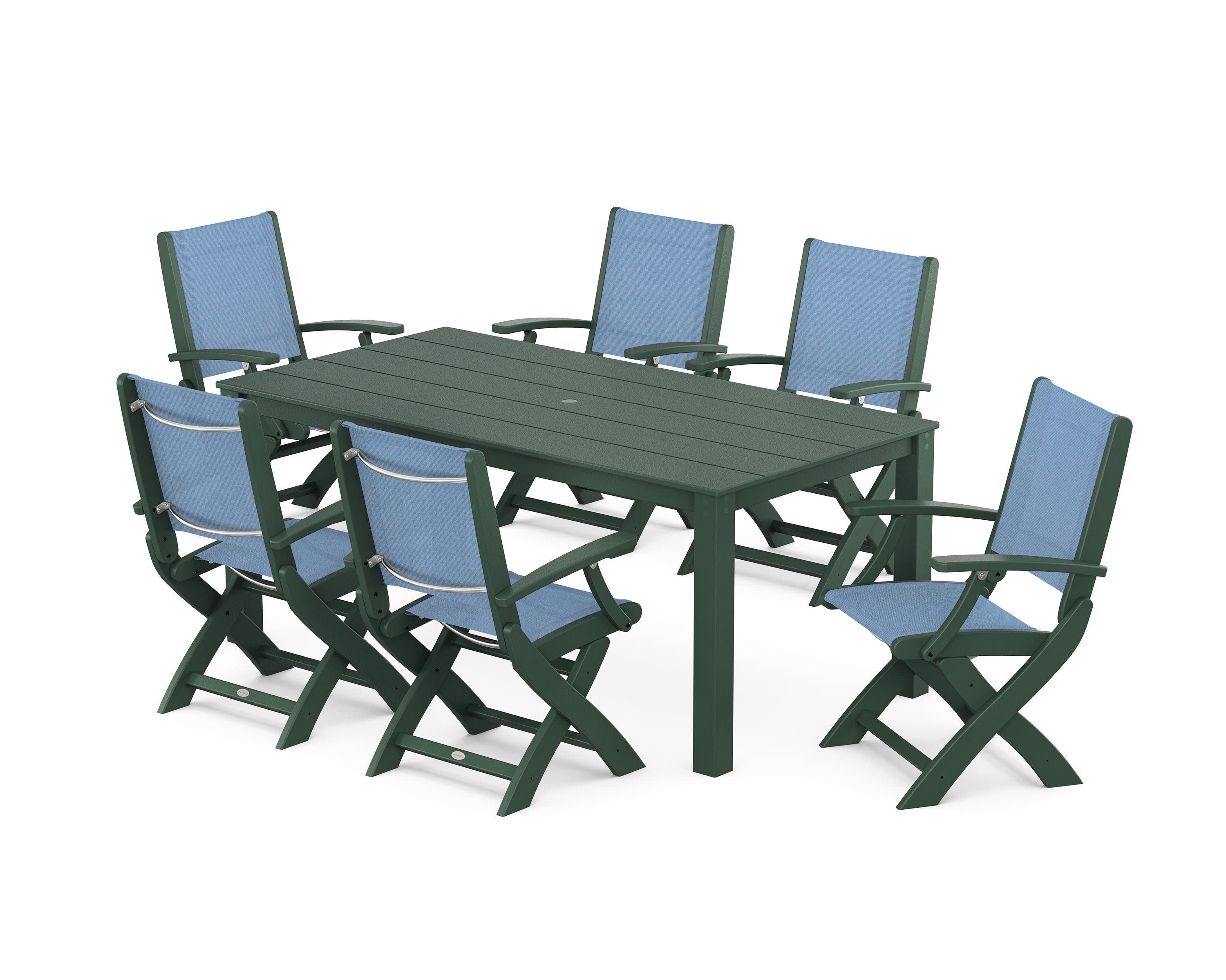 Coastal Folding Chair 7-Piece Parsons Dining Set in Green / Poolside Sling