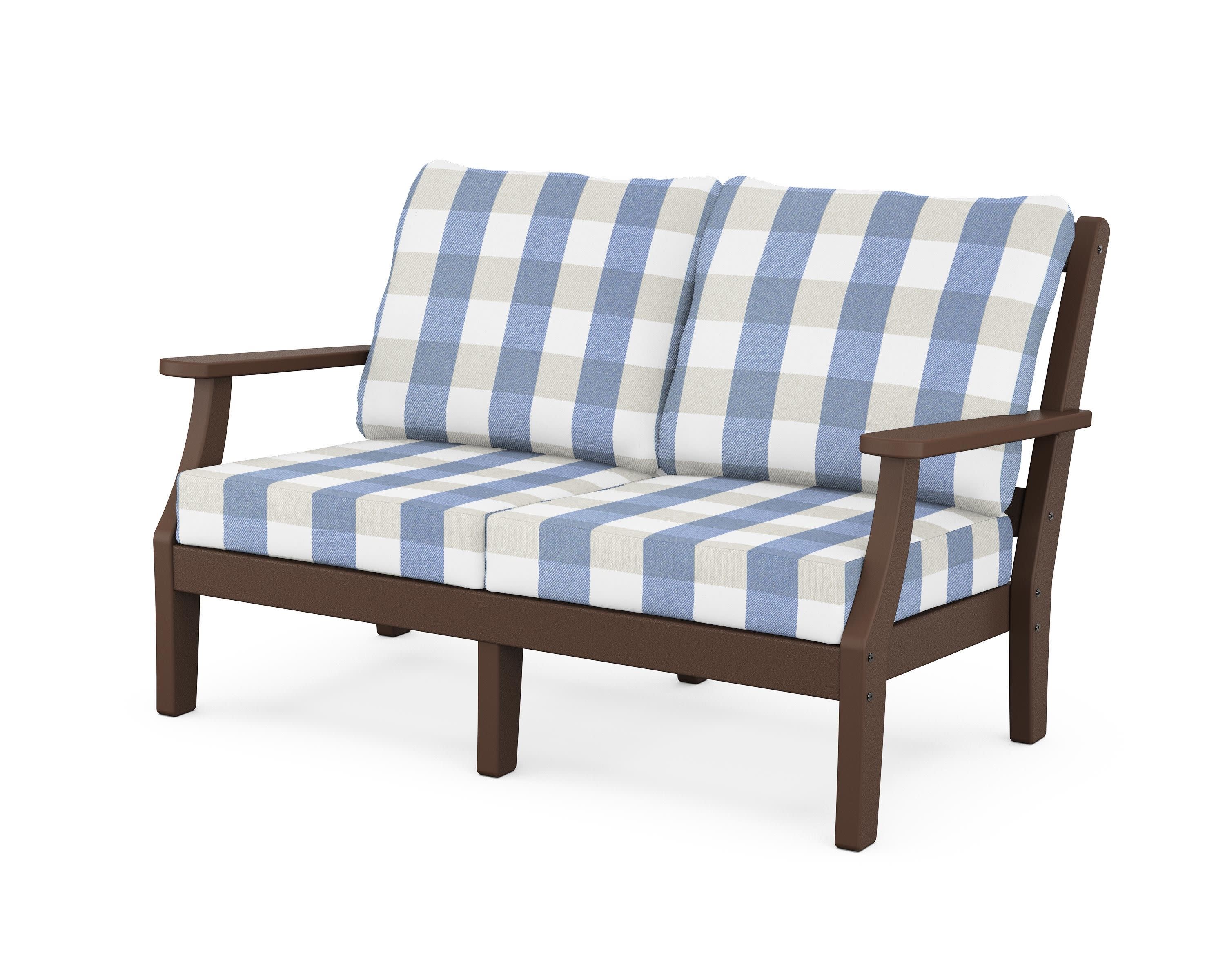 Chinoiserie Deep Seating Loveseat in Mahogany / Buffalo Plaid Sky Blue