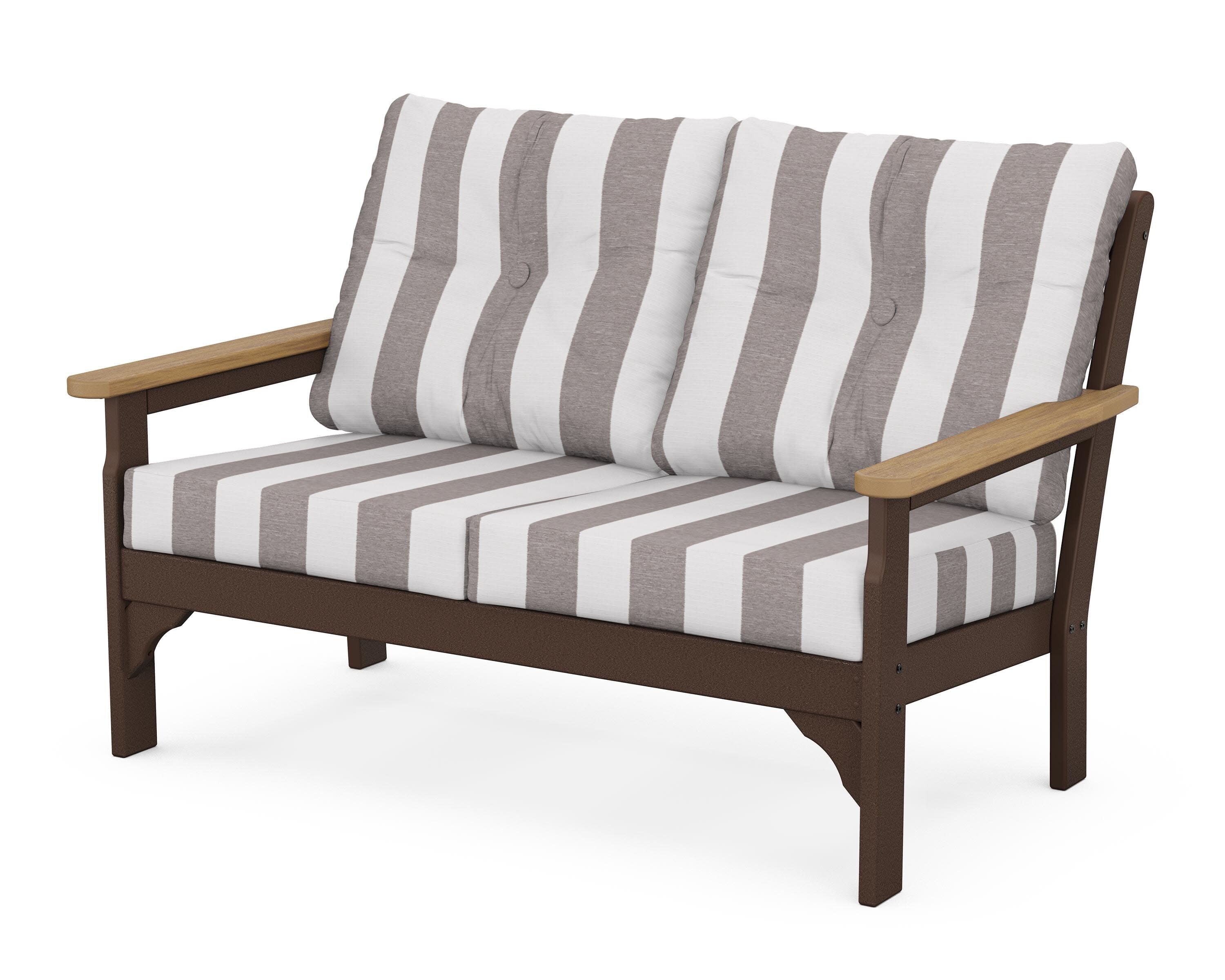 Vineyard Deep Seating Loveseat in Mahogany / Natural / Cabana Stripe Grey Mist