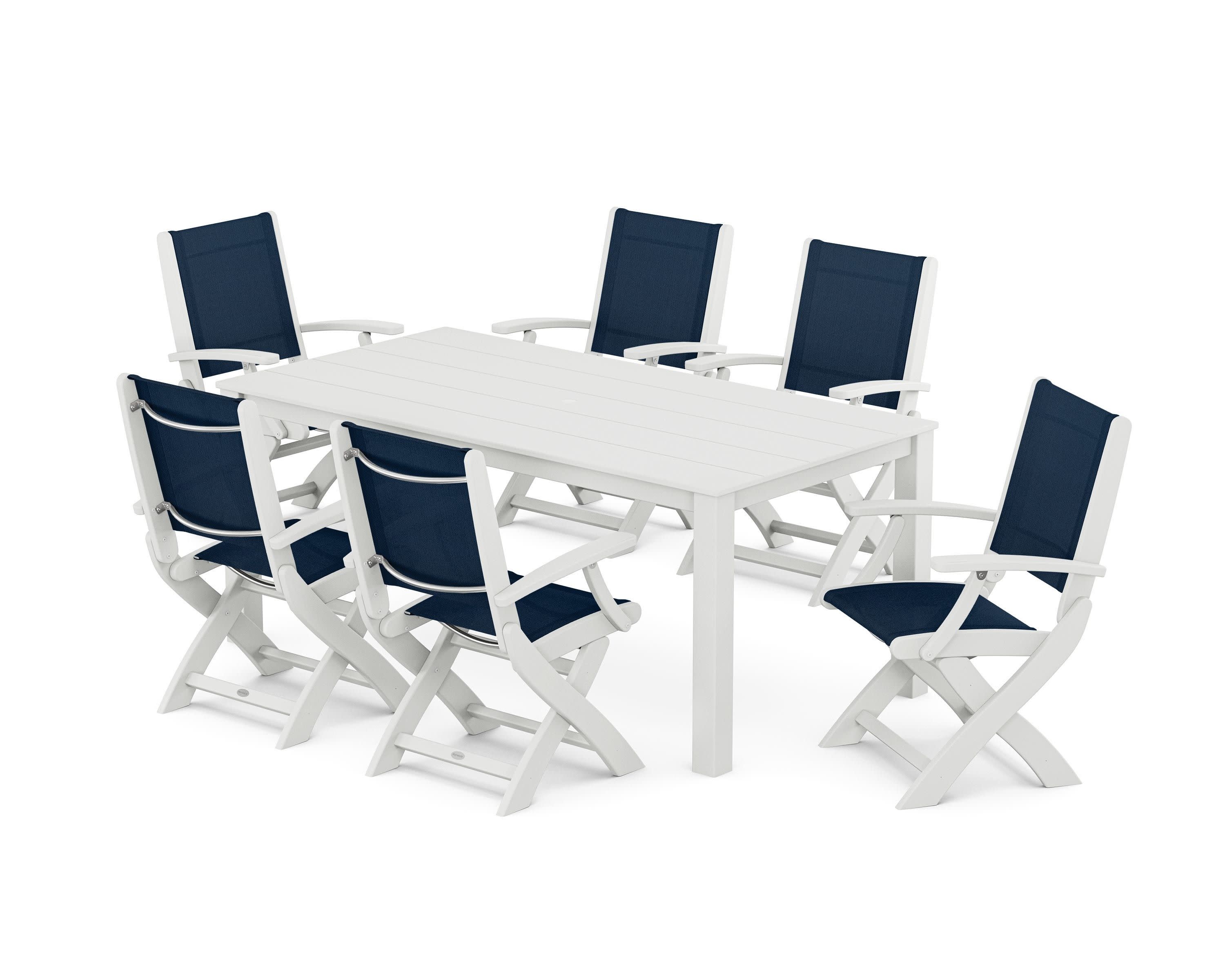Coastal Folding Chair 7-Piece Parsons Dining Set in White / Navy Blue Sling