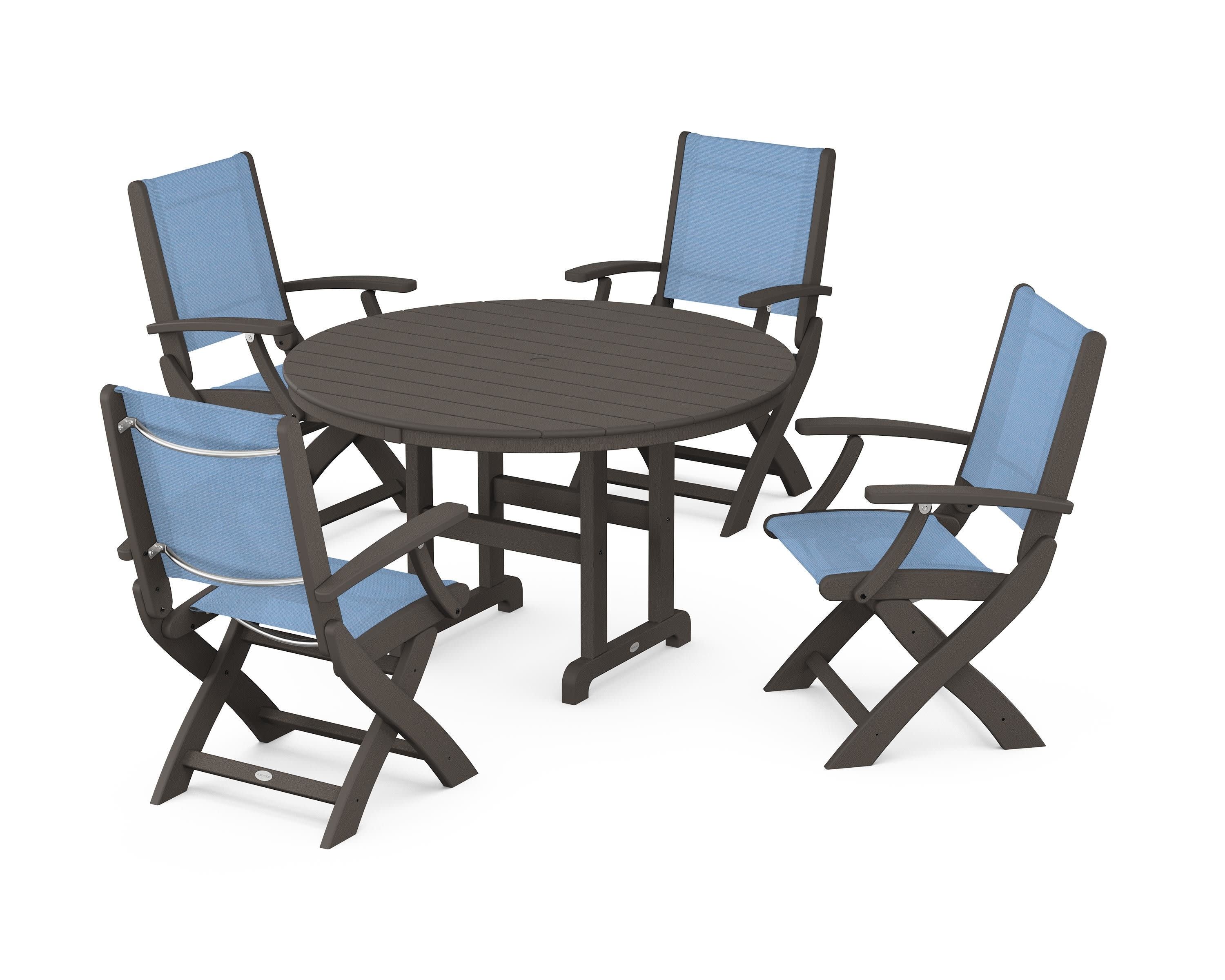 Coastal Folding Chair 5-Piece Round Dining Set in Vintage Coffee / Poolside Sling