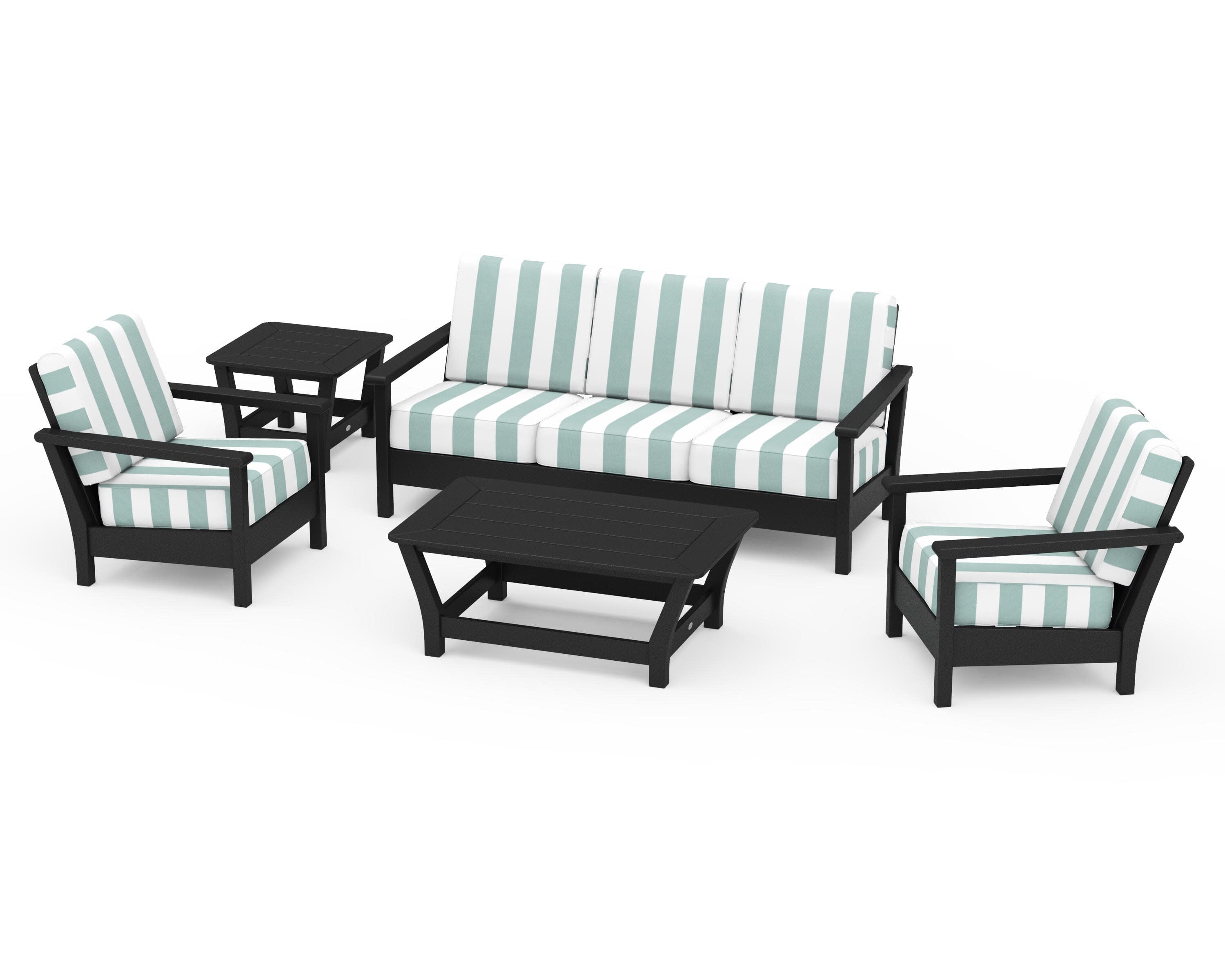 Harbour 5-Piece Deep Seating Set in Black / Cabana Stripe Glacier Spa