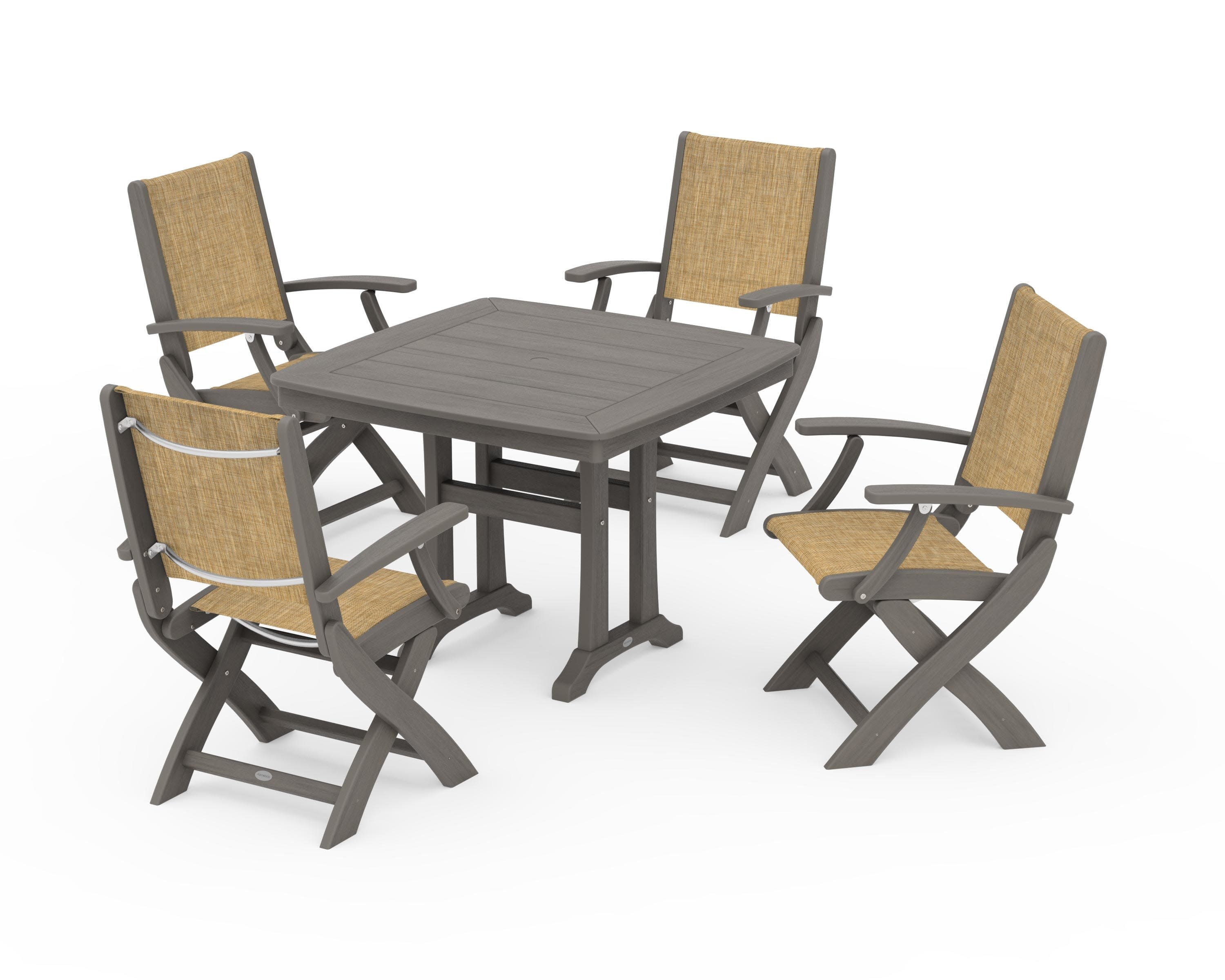 Coastal Folding Chair 5-Piece Dining Set with Trestle Legs in Driftwood / Burlap Sling