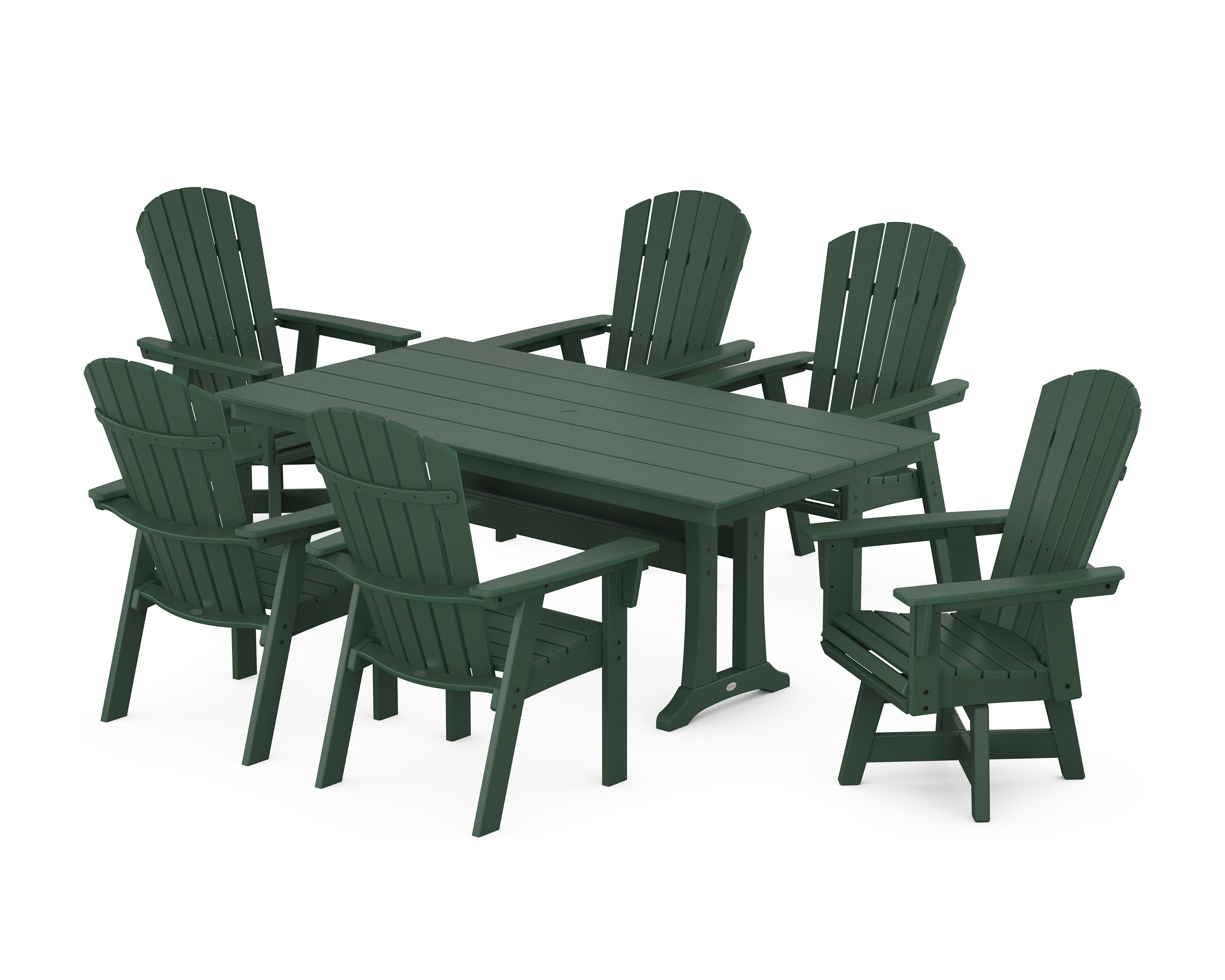 Nautical Curveback Adirondack Swivel Chair 7-Piece Farmhouse Dining Set With Trestle Legs in Green