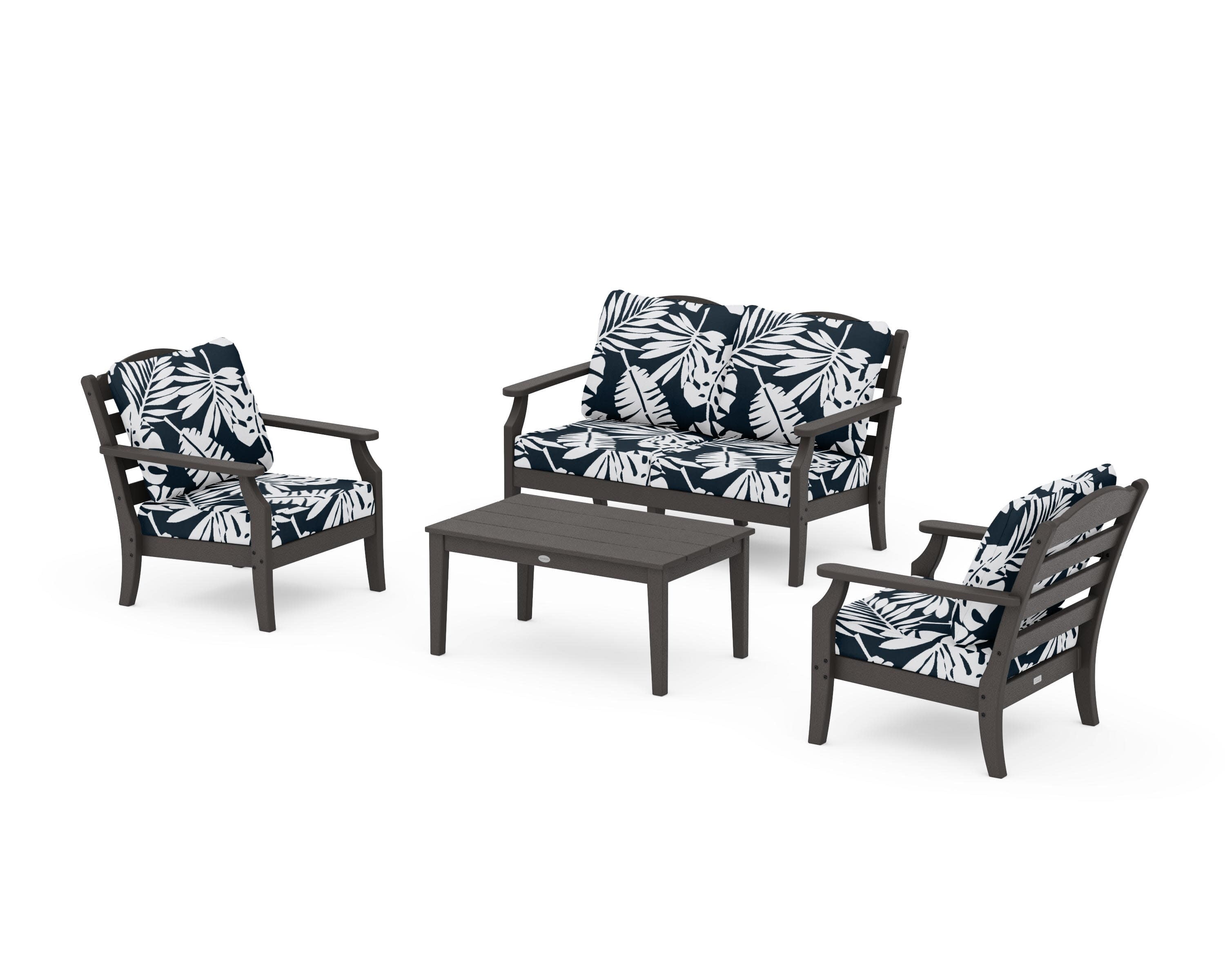 Savannah 4-Piece Deep Seating Set with Loveseat in Vintage Coffee / Leaf Marine Indigo