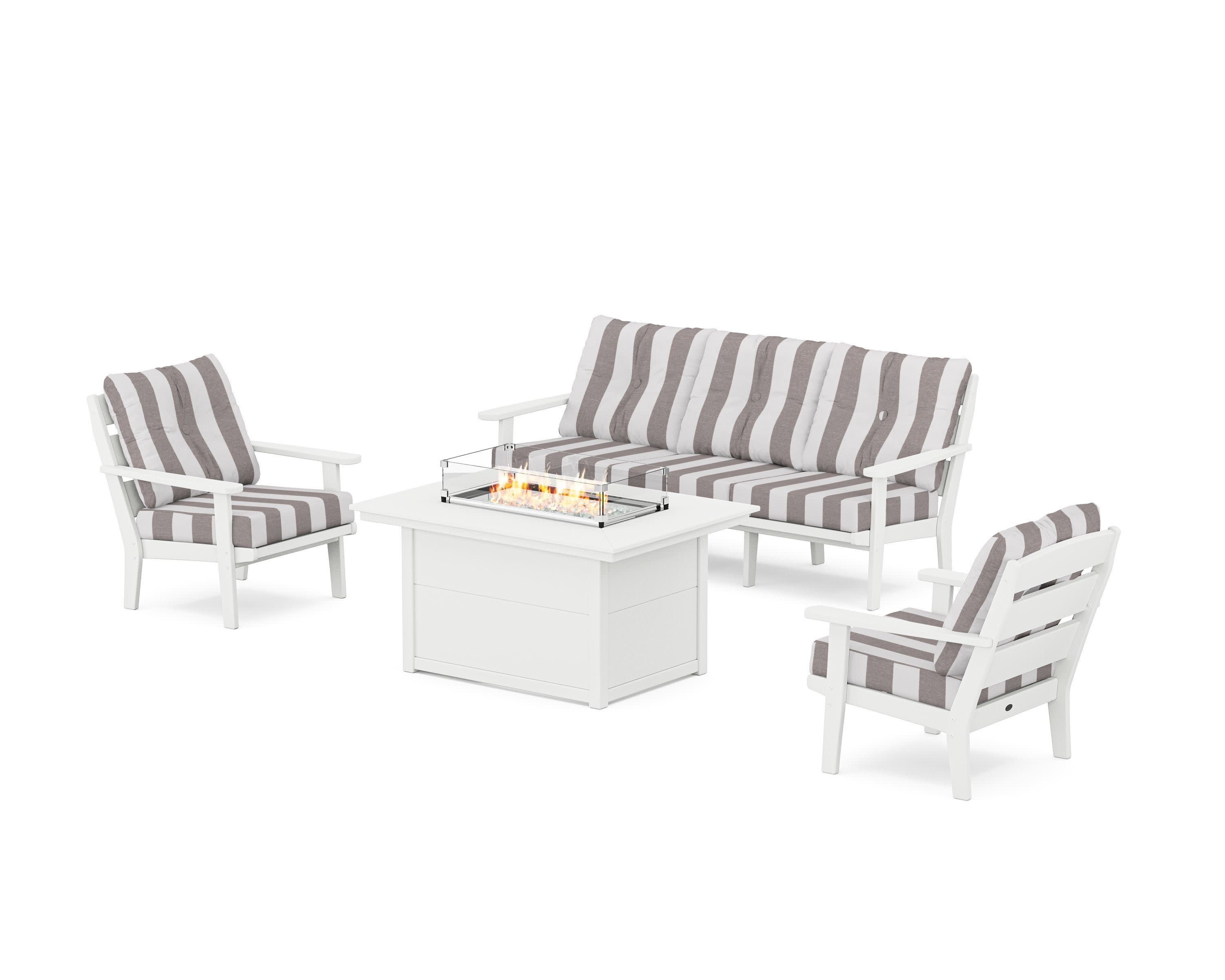 Lakeside Deep Seating Fire Pit Table Set in White / Cabana Stripe Grey Mist
