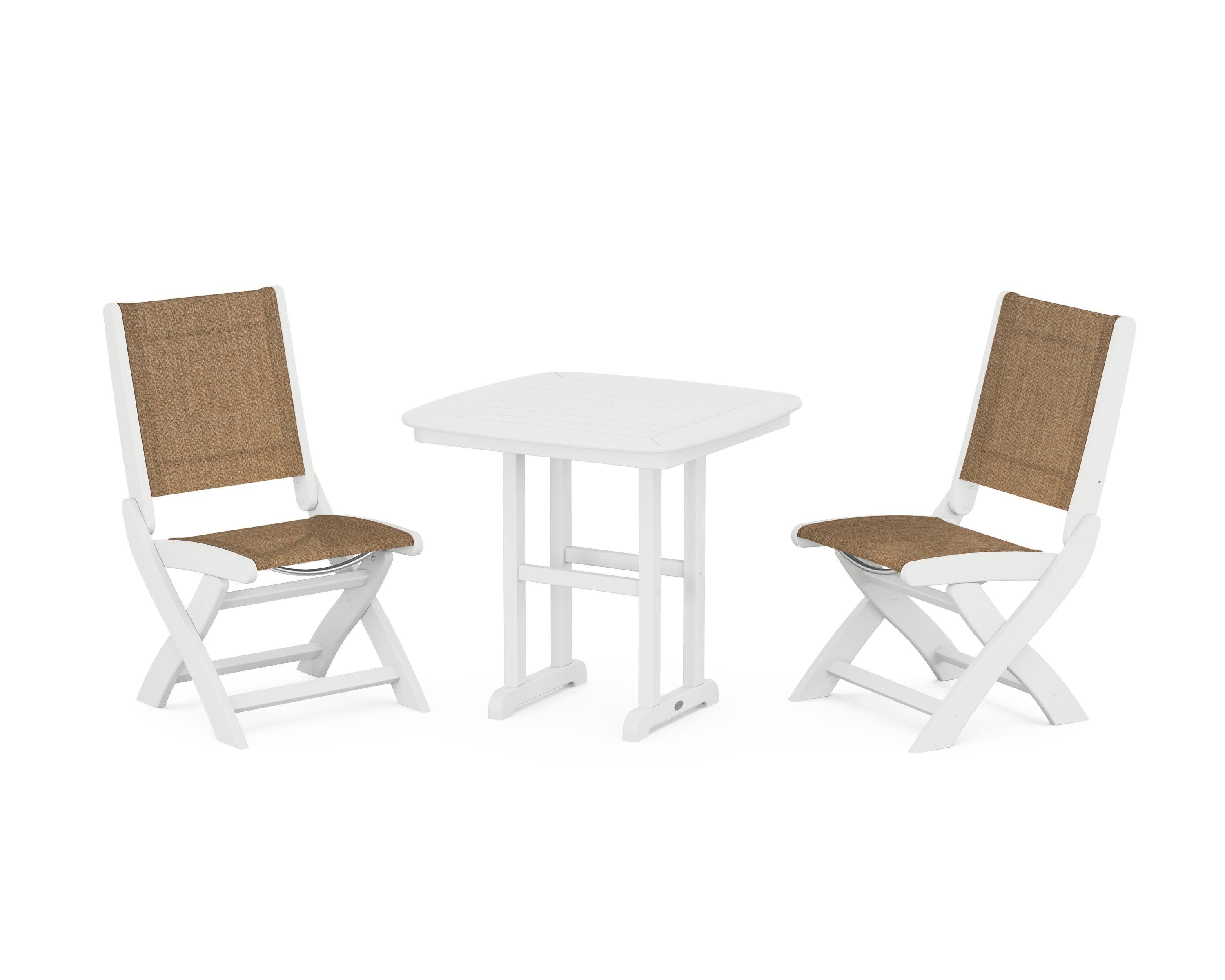 Coastal Folding Side Chair 3-Piece Dining Set in White / Burlap Sling