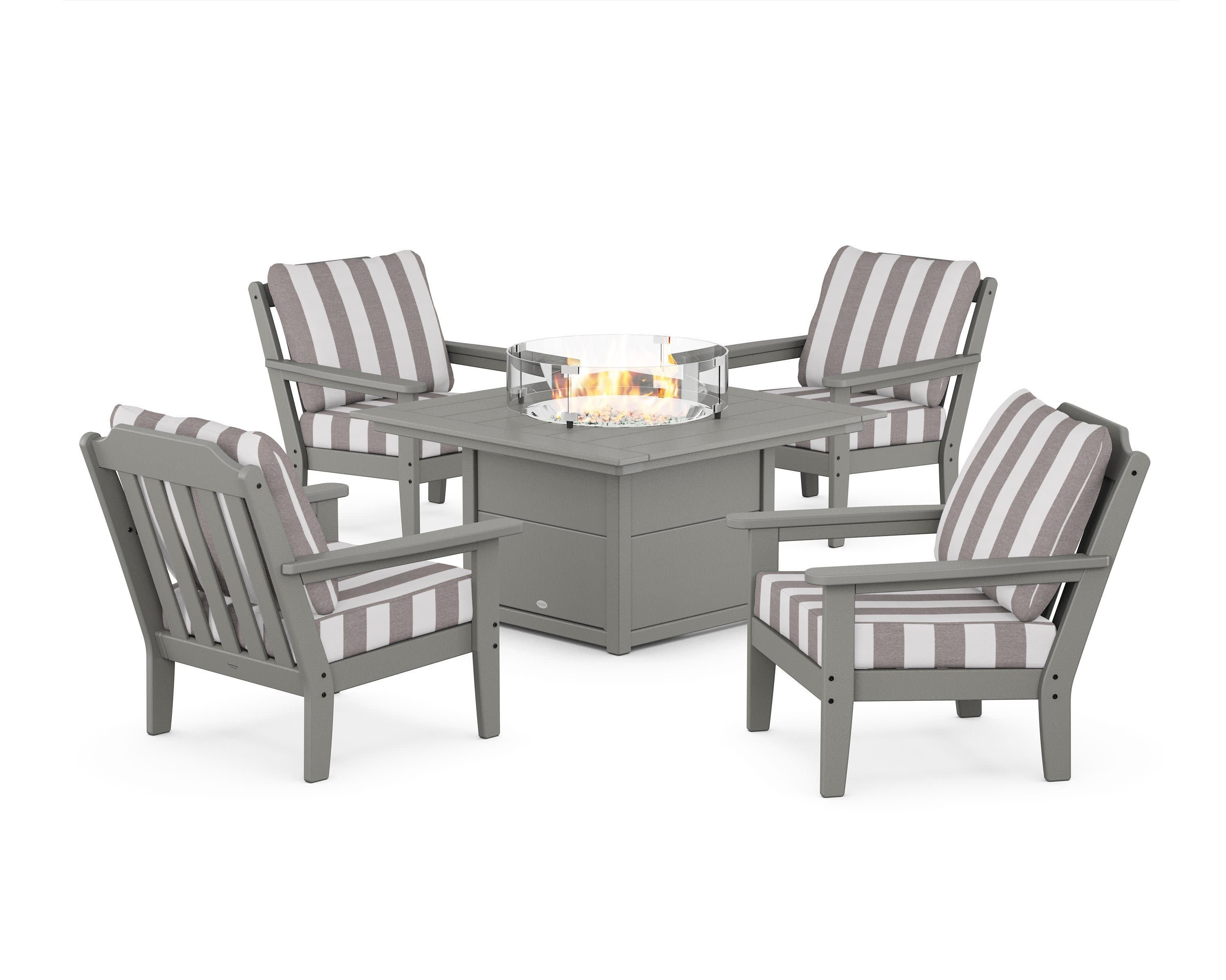 Cottage 5-Piece Deep Seating Set with Fire Pit Table in Slate Grey / Cabana Stripe Grey Mist