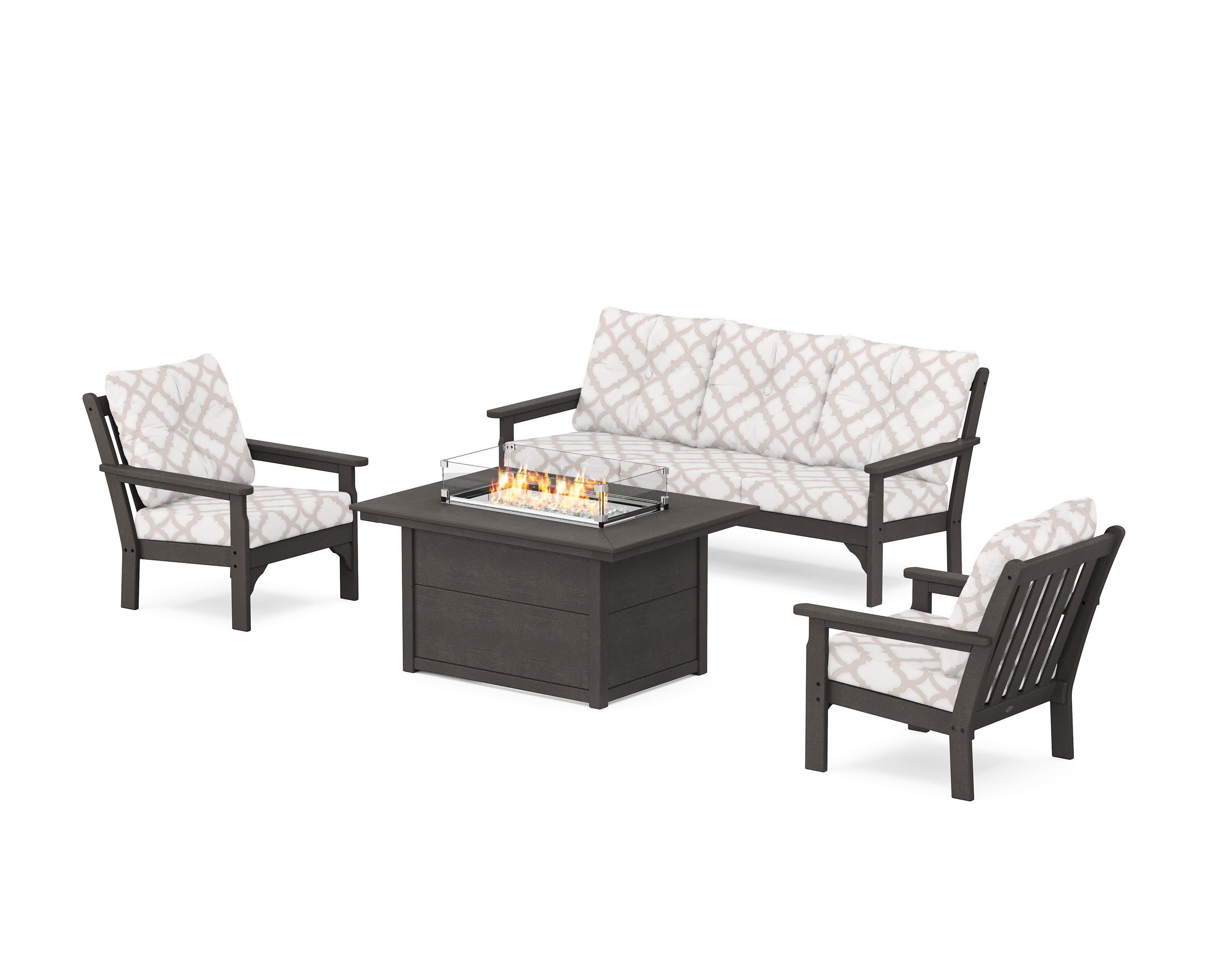 Vineyard Deep Seating Fire Pit Table Set in Vintage Coffee / Trellis Dune Burlap