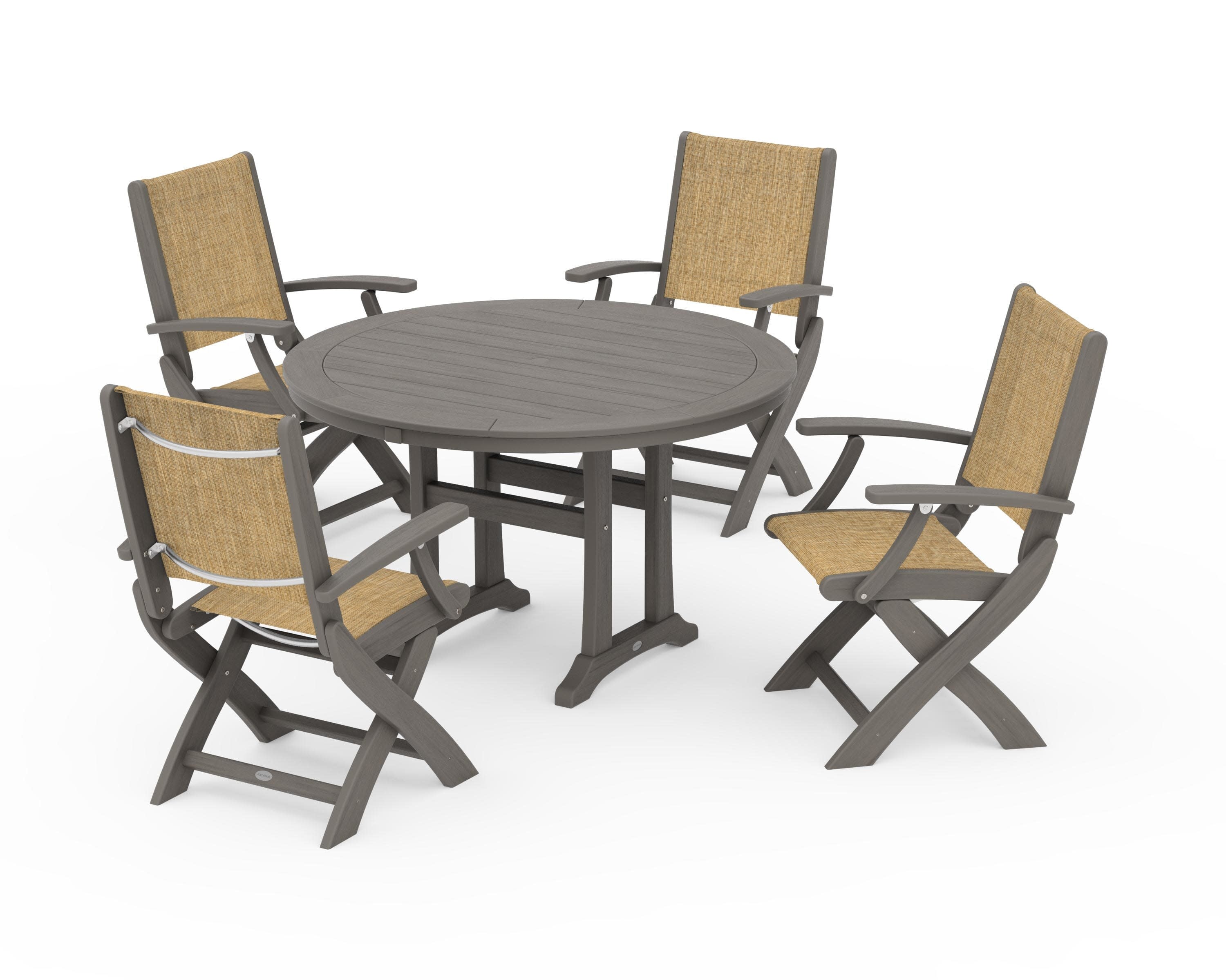 Coastal Folding Chair 5-Piece Round Dining Set with Trestle Legs in Driftwood / Burlap Sling