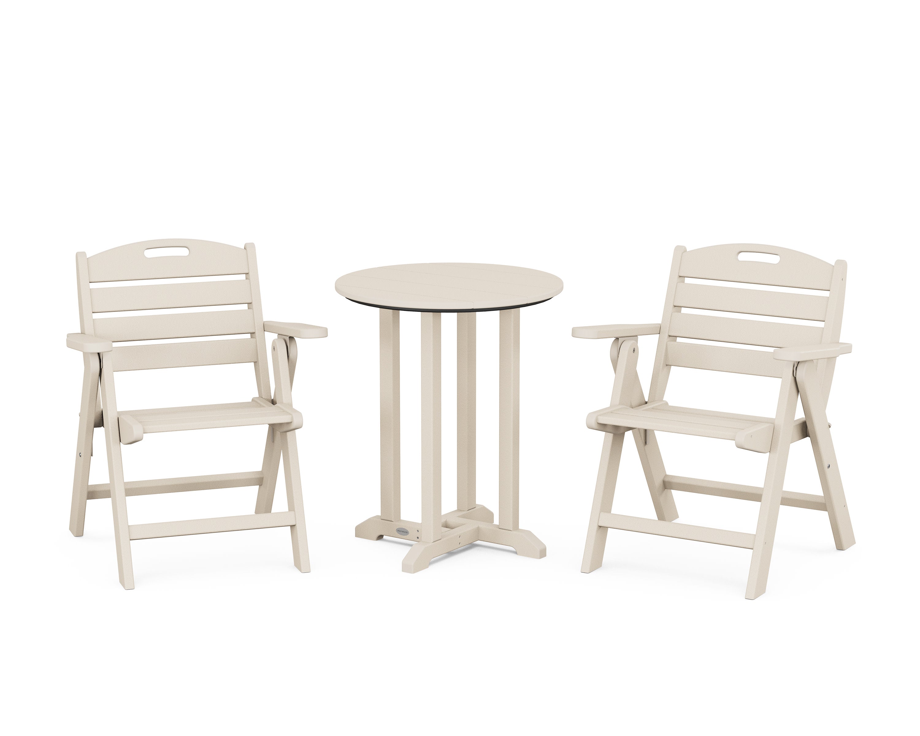 Nautical Folding Lowback Chair 3-Piece Round Bistro Dining Set in Sand