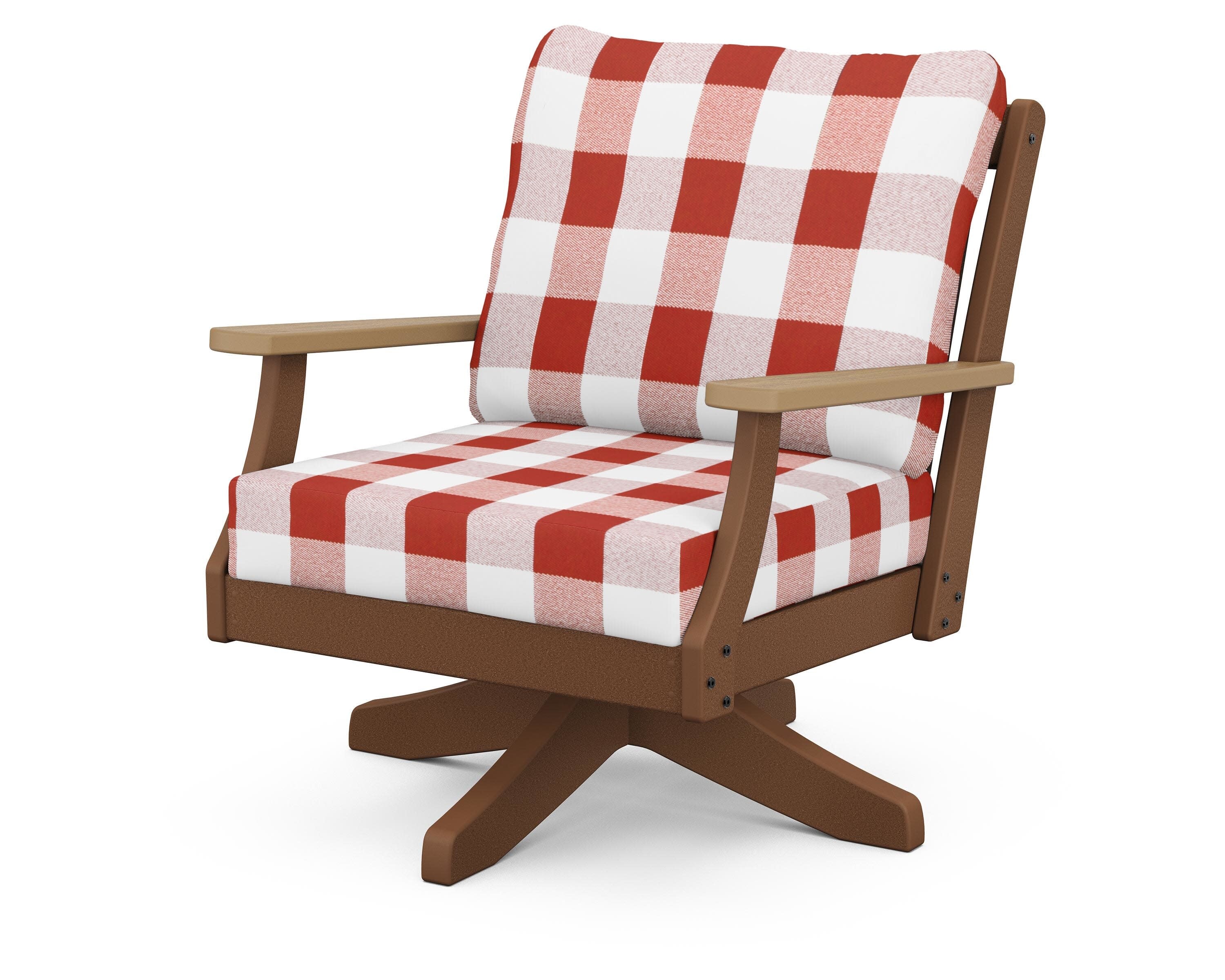 Braxton Deep Seating Swivel Chair in Teak / Natural / Buffalo Plaid Crimson