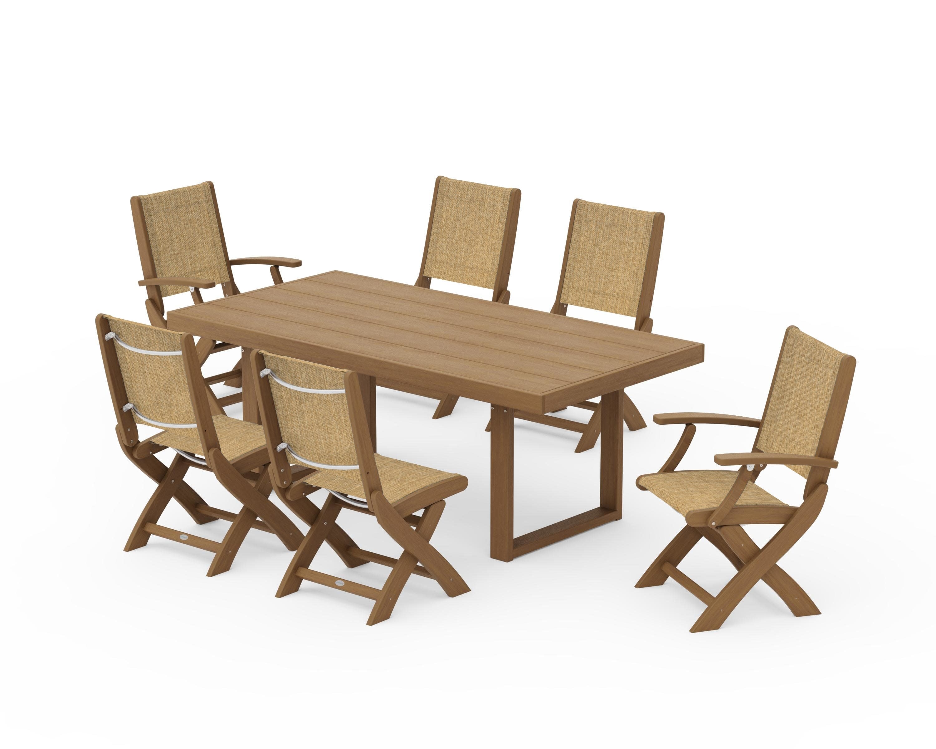 Coastal Folding Chair 7-Piece Dining Set with Trestle Legs in Natural / Burlap Sling
