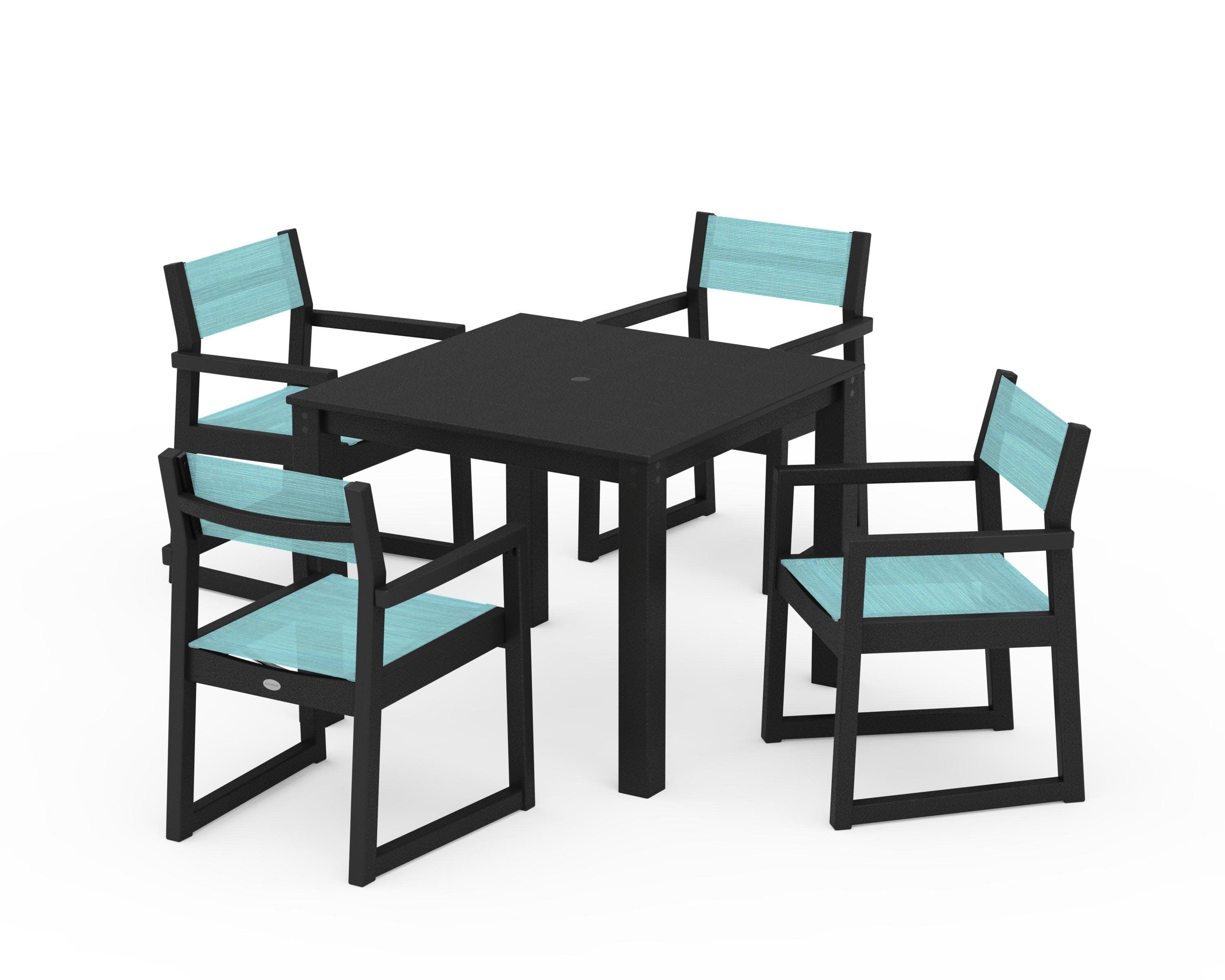 EDGE Sling Arm Chair 5-Piece Parsons Dining Set in Black / Dupioni Aquamarine Sling