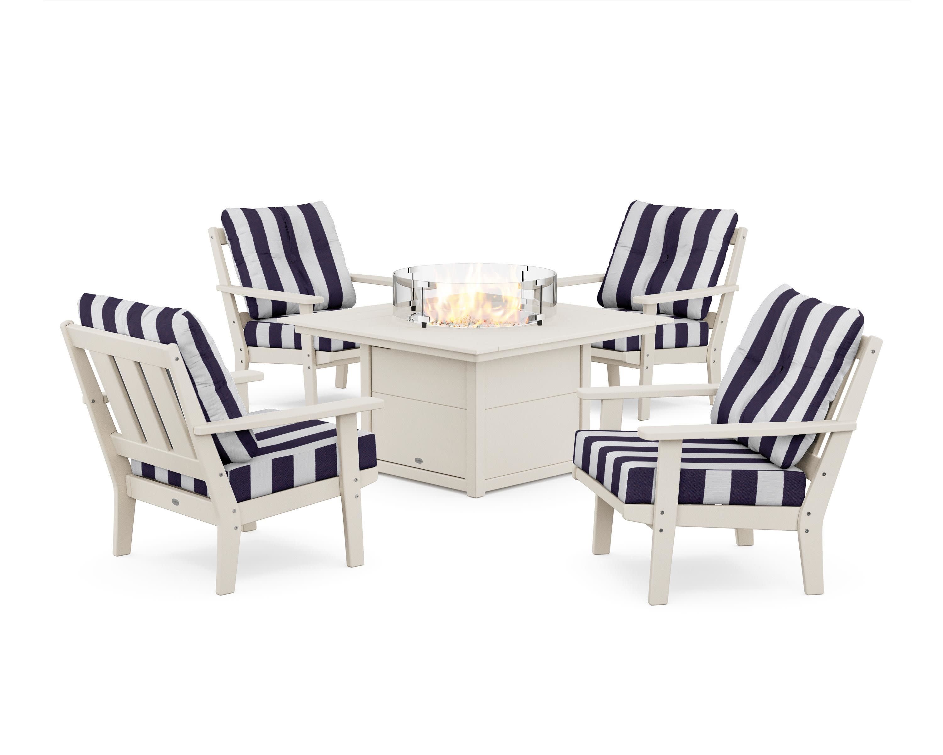 Oxford 5-Piece Deep Seating Set with Fire Pit Table in Sand / Cabana Stripe Navy