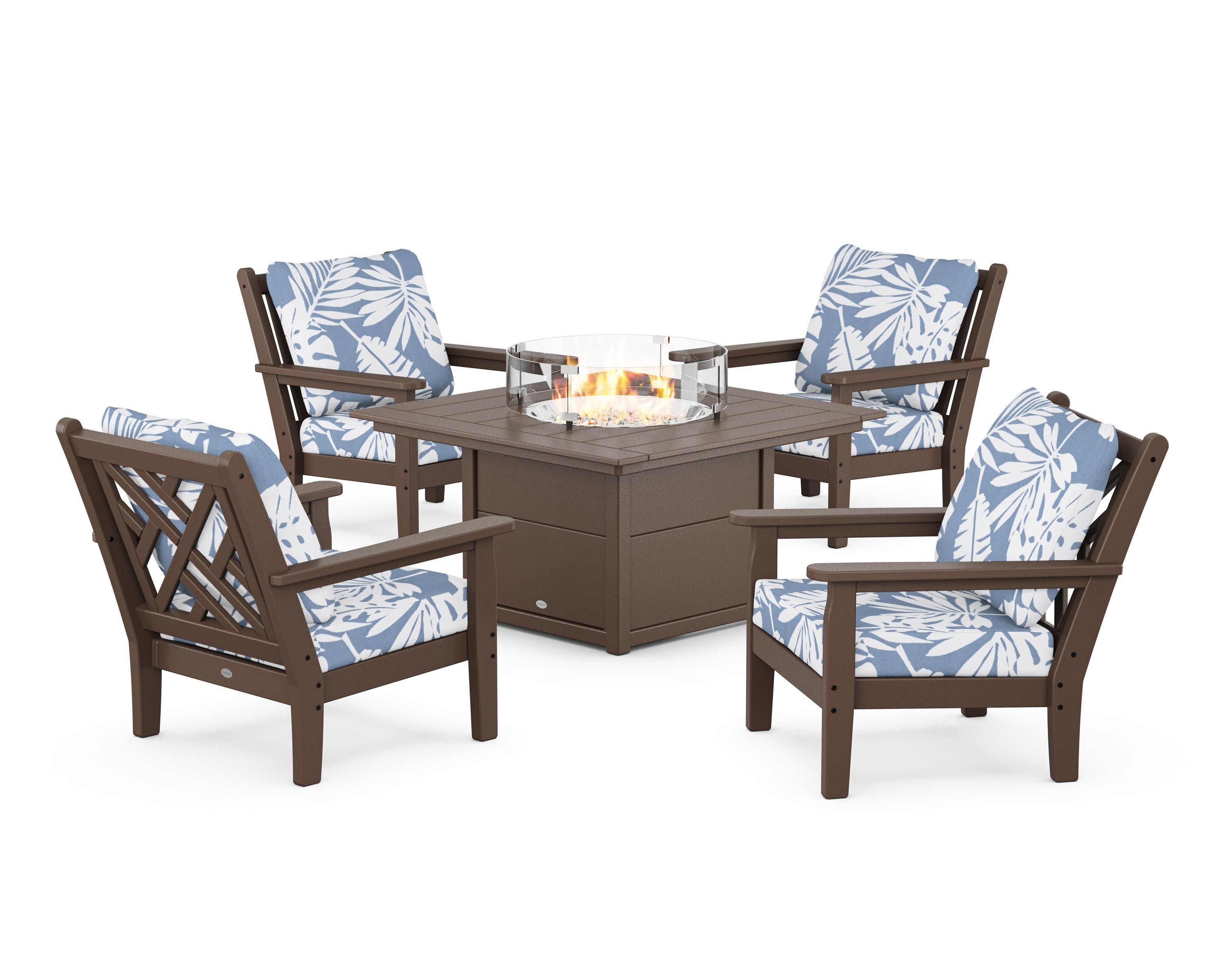 Chippendale 5-Piece Deep Seating Set with Fire Pit Table in Mahogany / Leaf Sky Blue