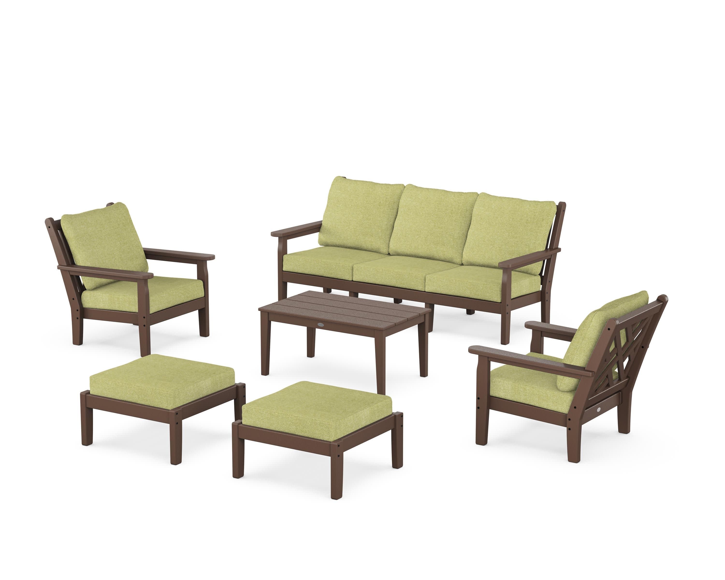 Chippendale 6-Piece Lounge Sofa Set in Mahogany / Chartreuse Boucle