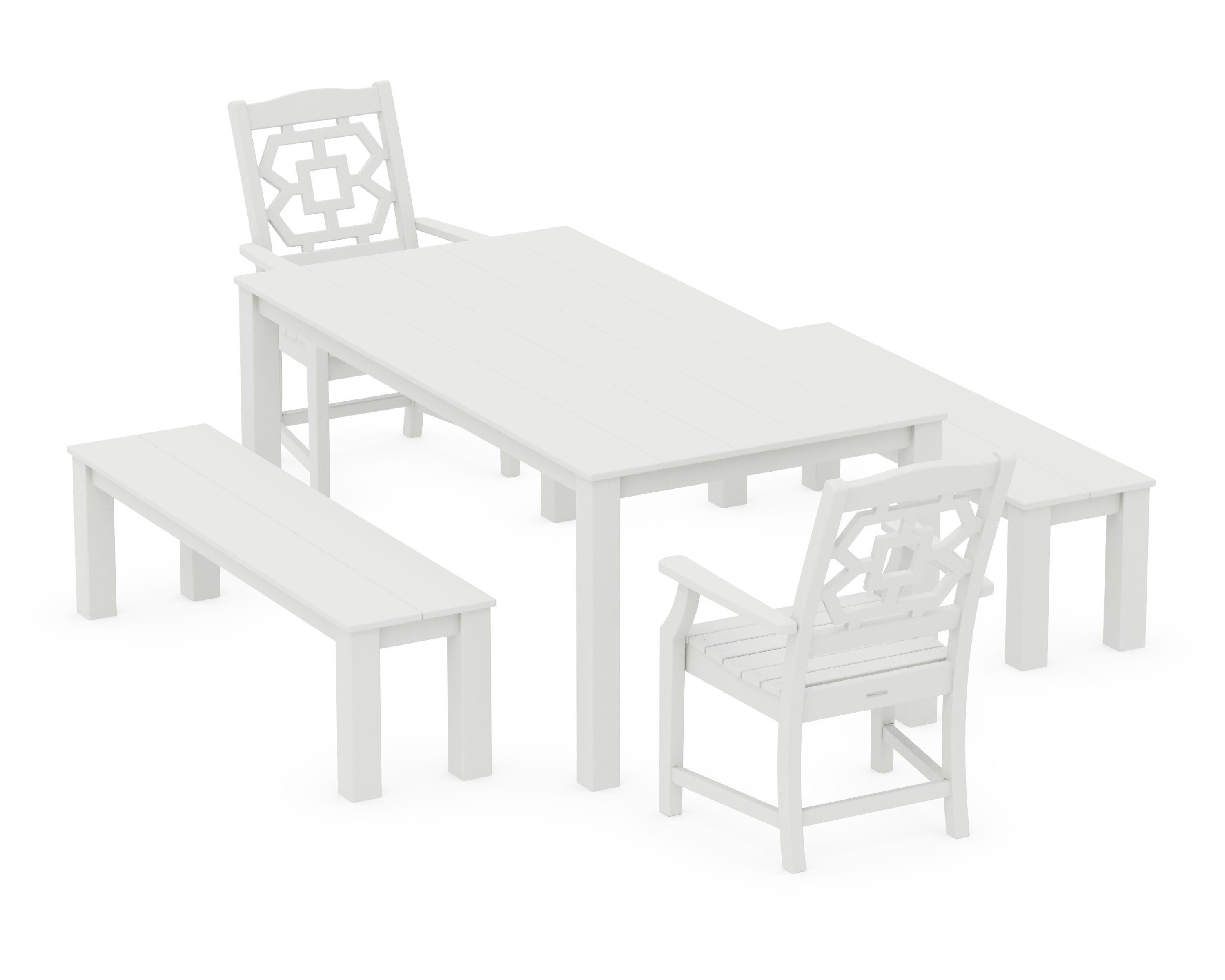 Chinoiserie 5-Piece Parsons Dining Set with Benches in Vintage White