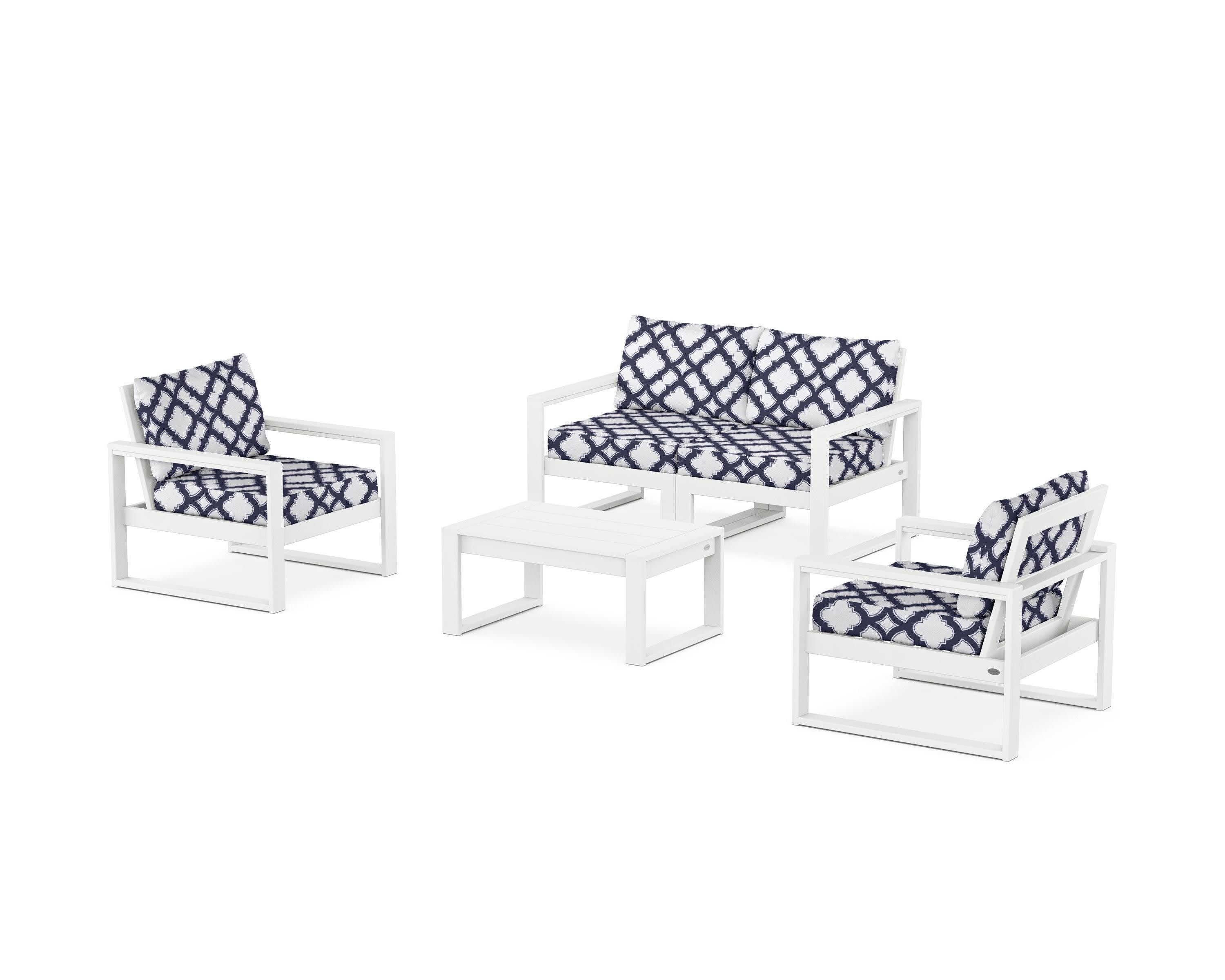 EDGE Sectional 4-Piece Deep Seating Set with Loveseat in White / Trellis Navy