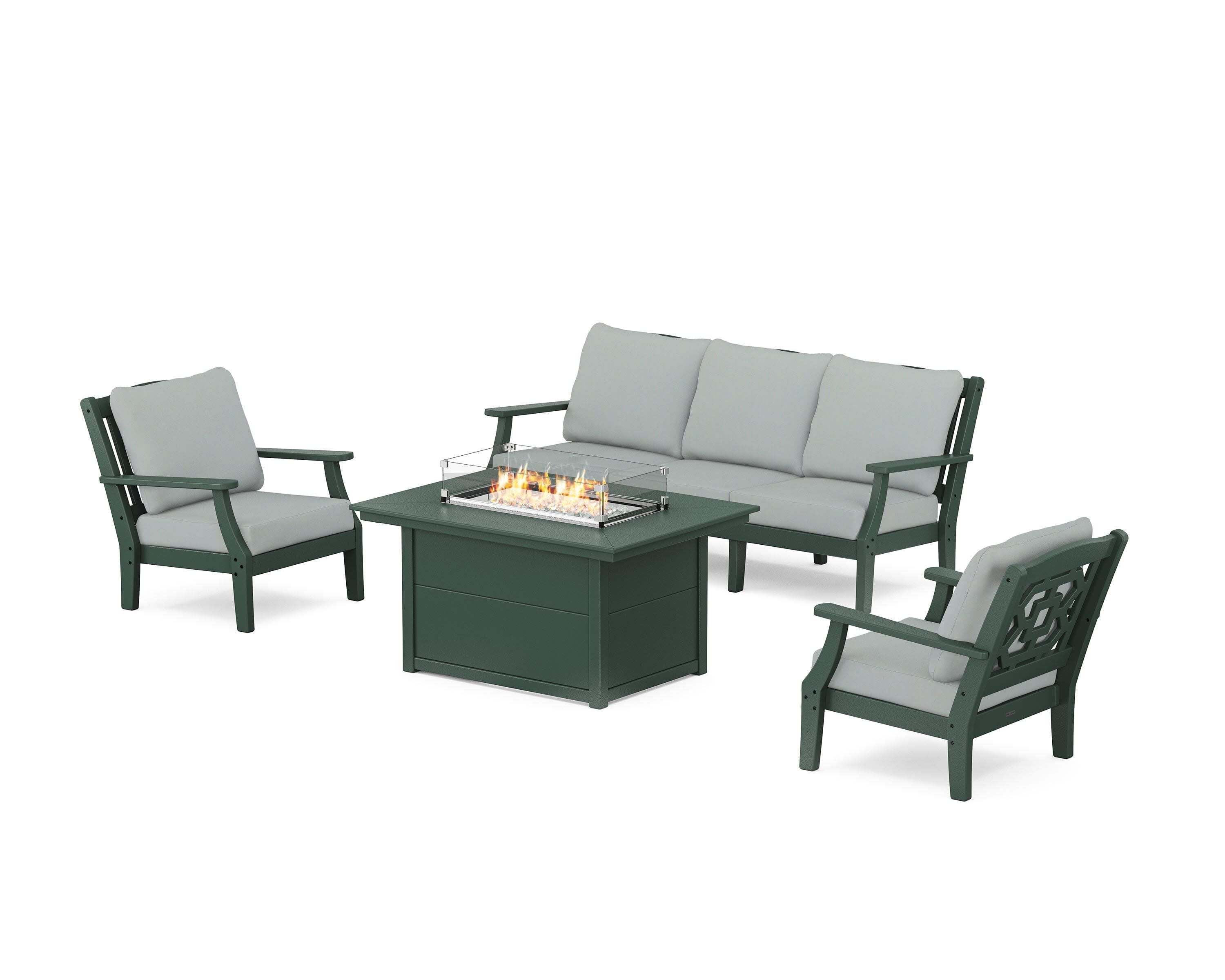 Chinoiserie Deep Seating Fire Pit Table Set in Green / Spa