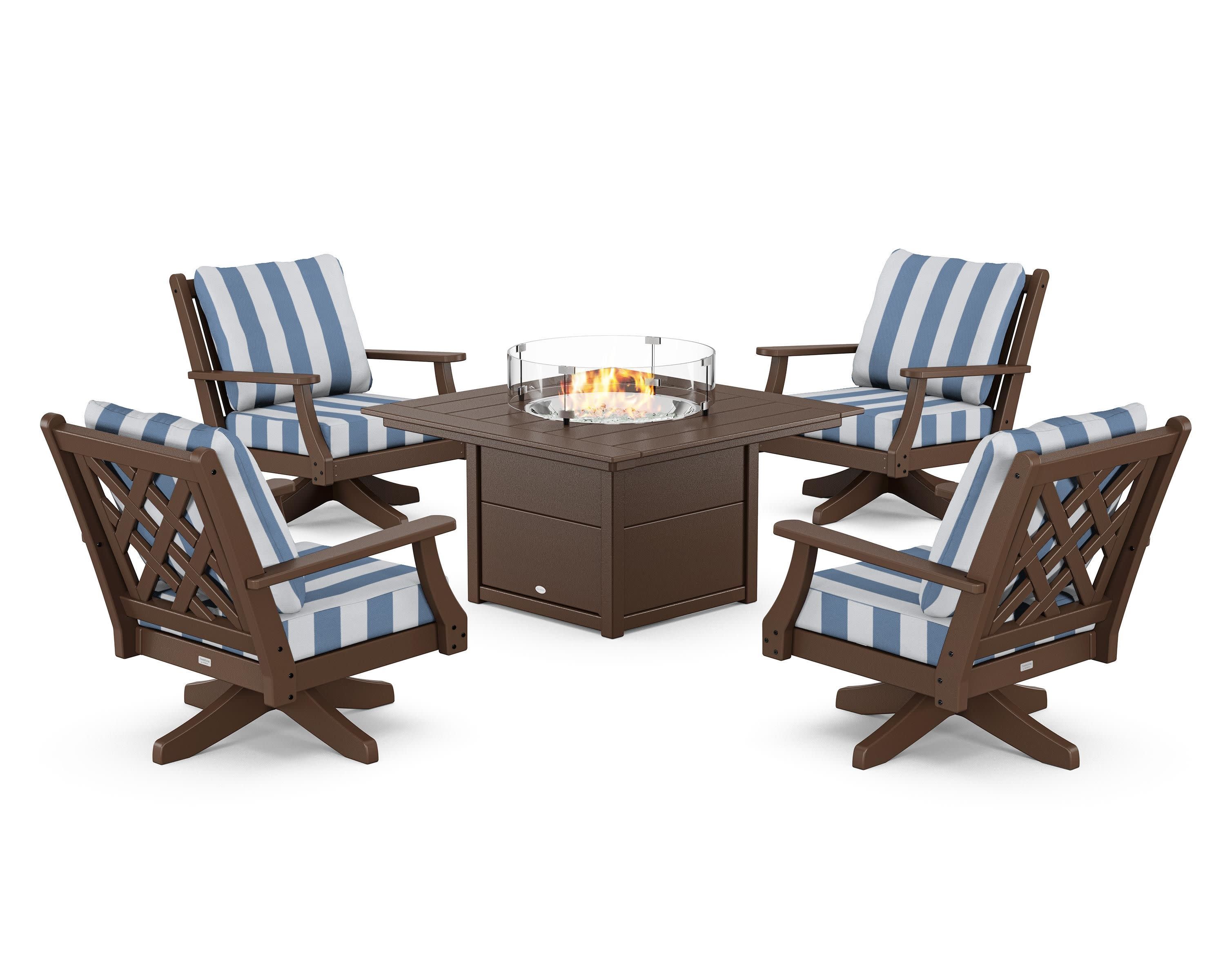 Wovendale 5-Piece Deep Seating Swivel Conversation Set with Fire Pit Table in Mahogany / Cabana Stripe Sky Blue