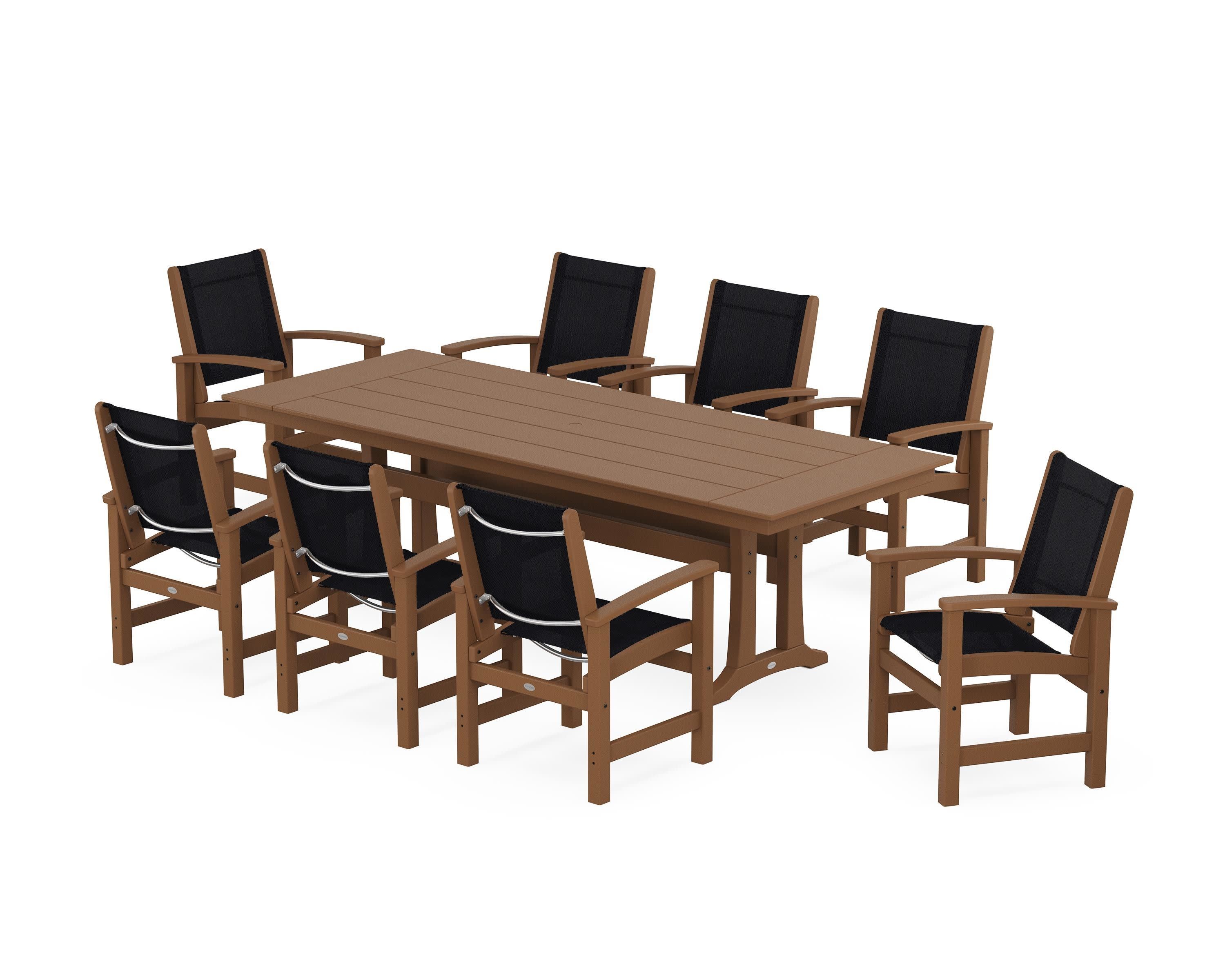 Coastal 9-Piece Farmhouse Dining Set with Trestle Legs in Teak / Black Sling