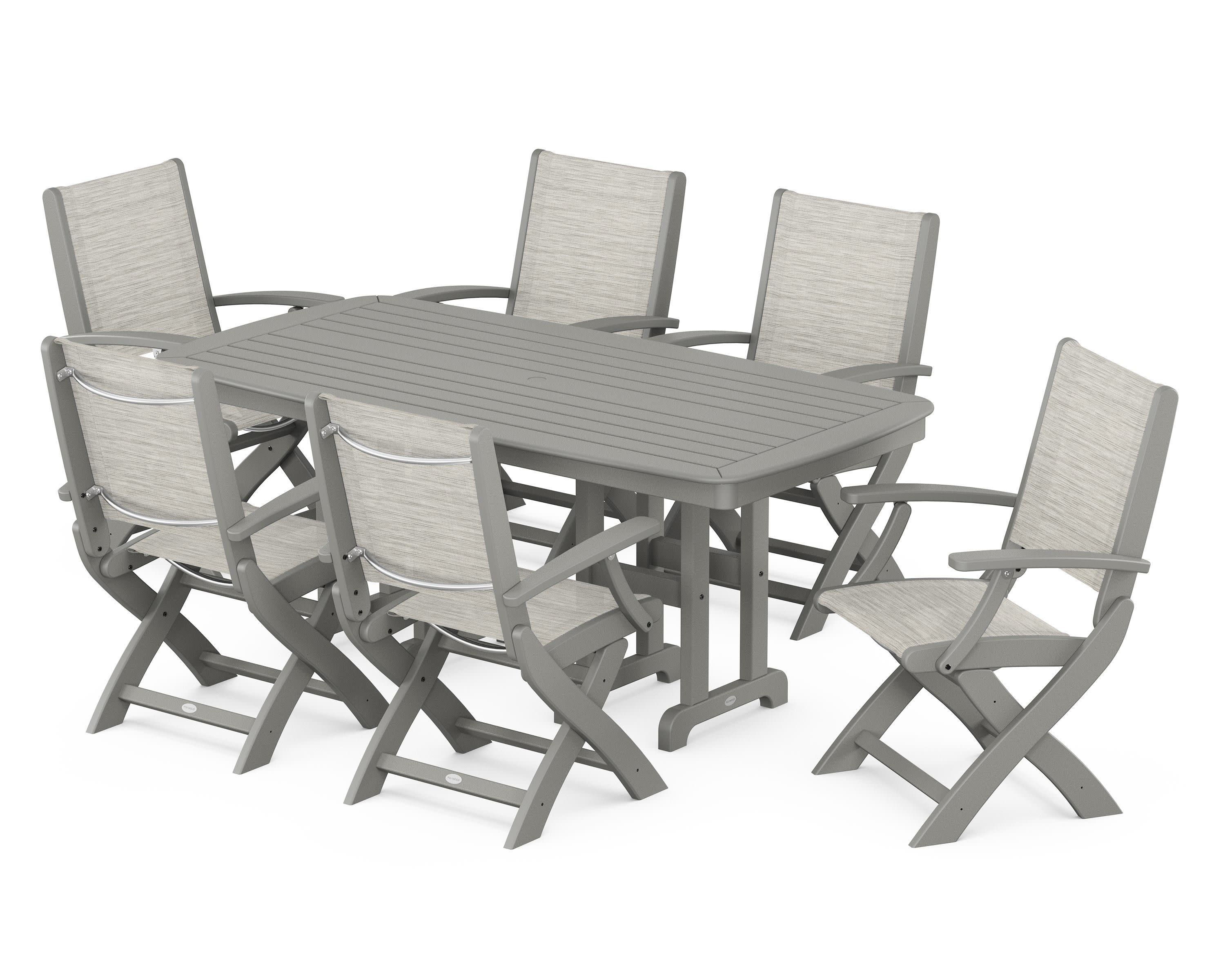 Coastal Folding Arm Chair 7-Piece Dining Set in Slate Grey / Birch Sling