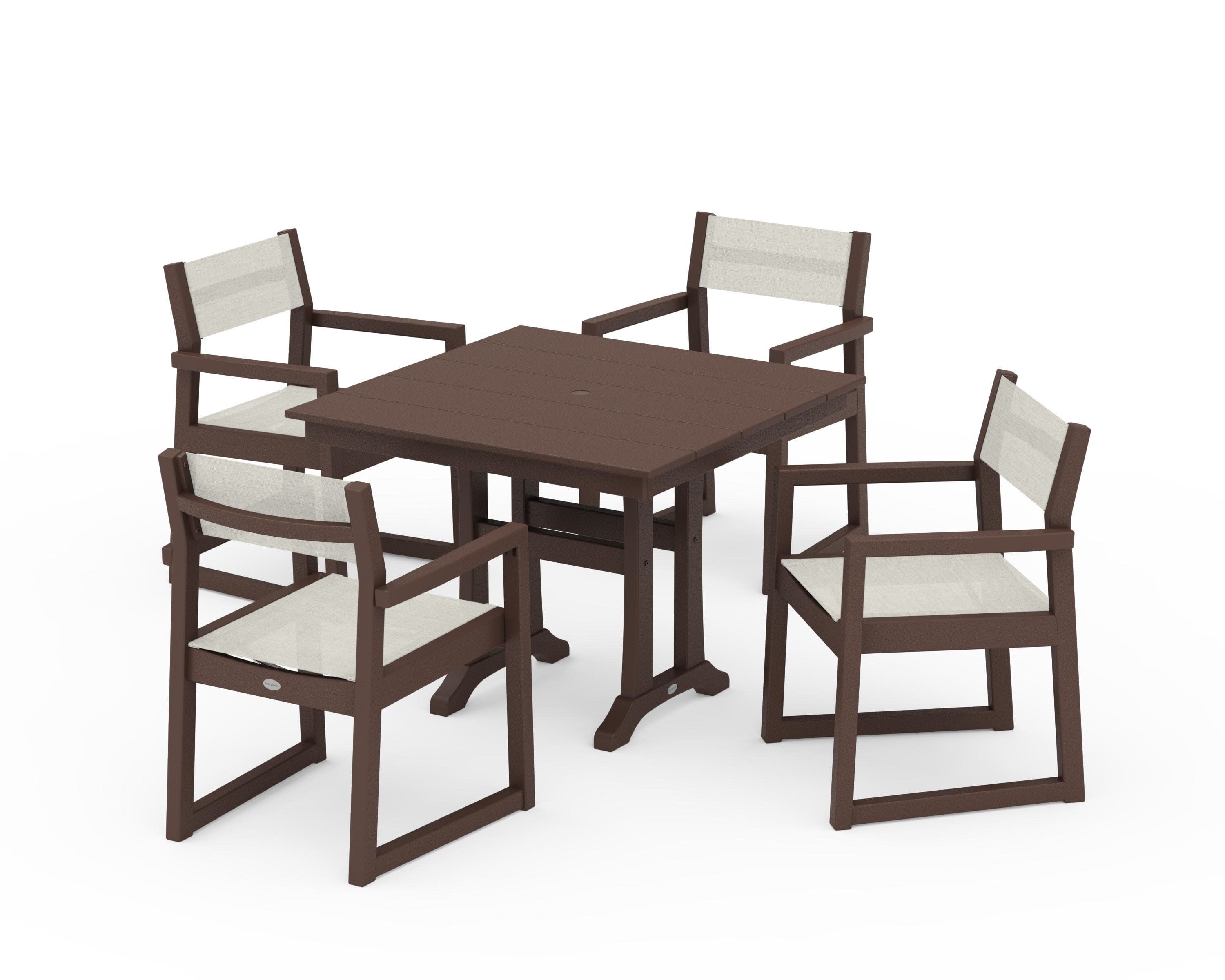 EDGE Sling 5-Piece Farmhouse Dining Set with Trestle Legs in Mahogany / Parchment Sling