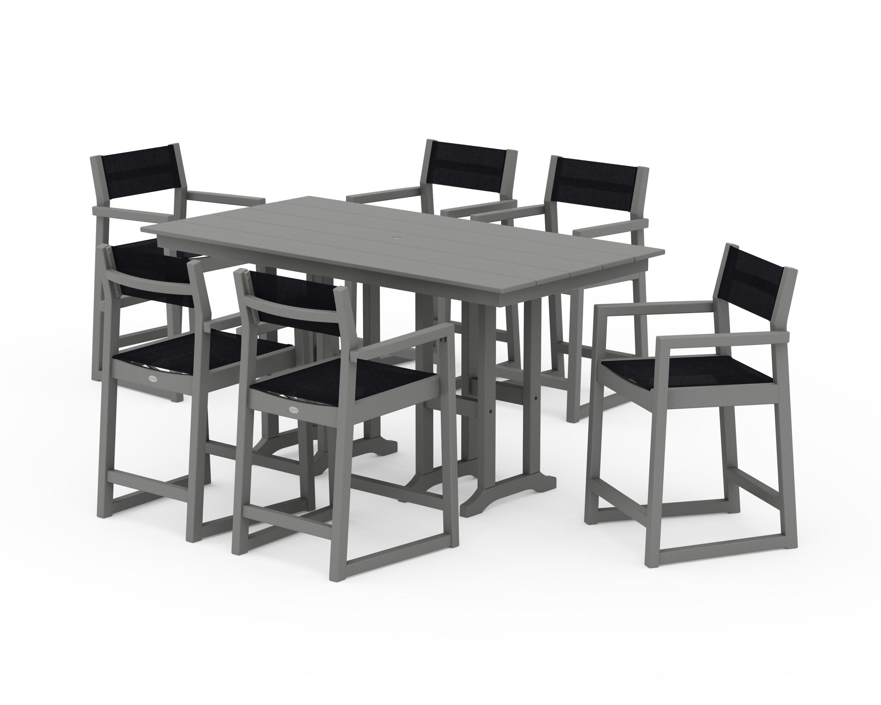 EDGE Sling Arm Chair 7-Piece Farmhouse Counter Set in Slate Grey / Black Sling