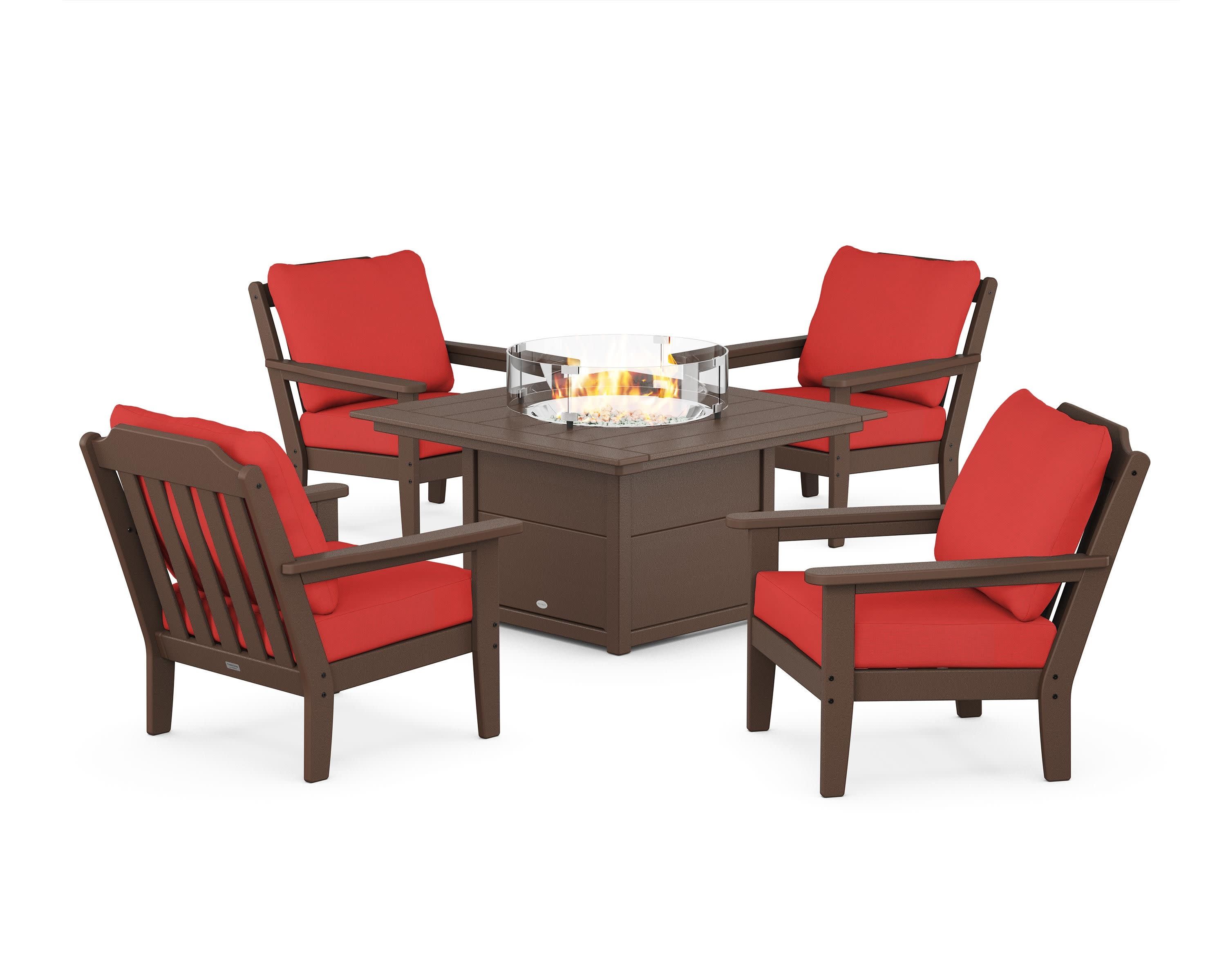 Cottage 5-Piece Deep Seating Set with Fire Pit Table in Mahogany / Crimson Linen