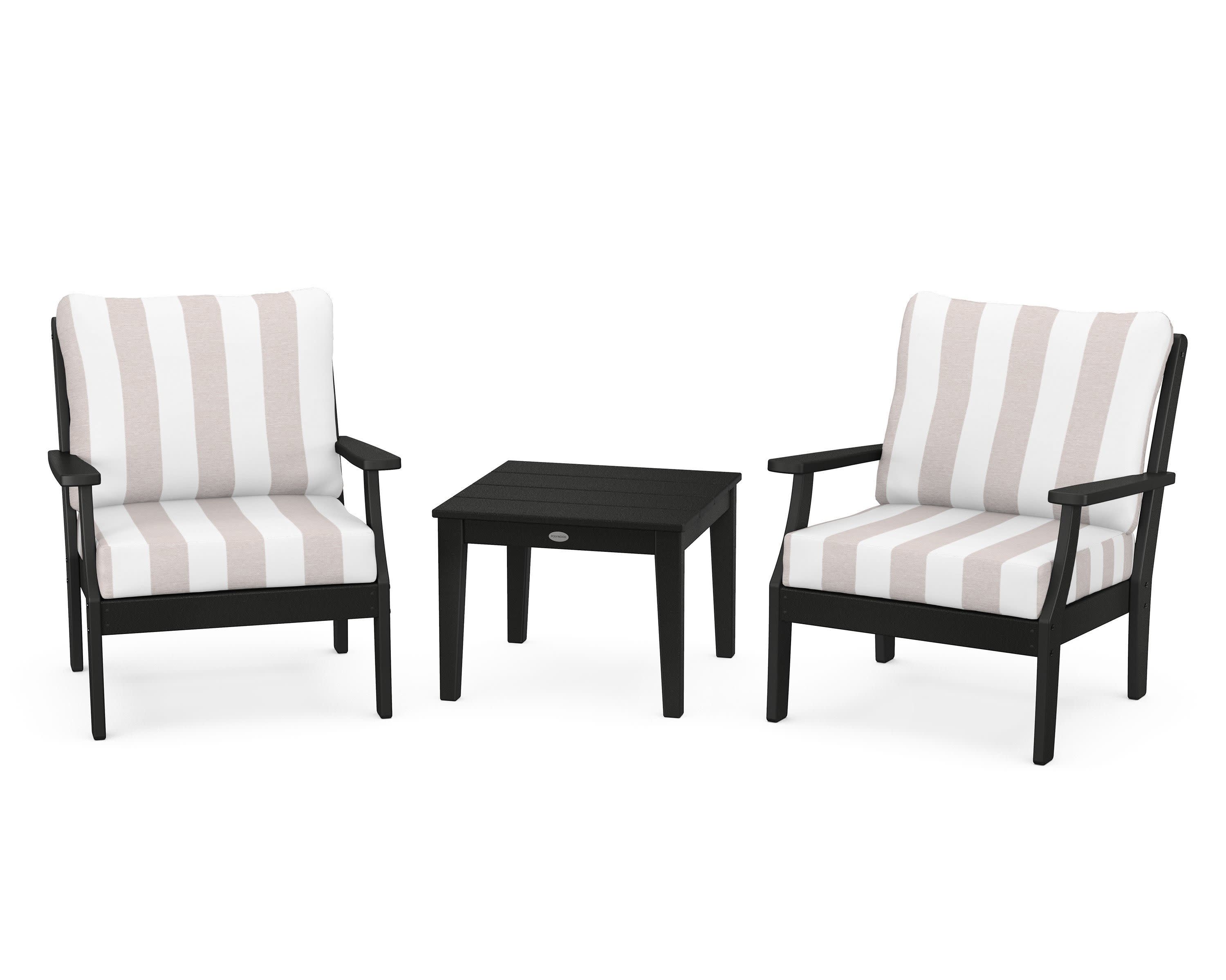 Braxton 3-Piece Deep Seating Set in Black / Cabana Stripe Dune Burlap