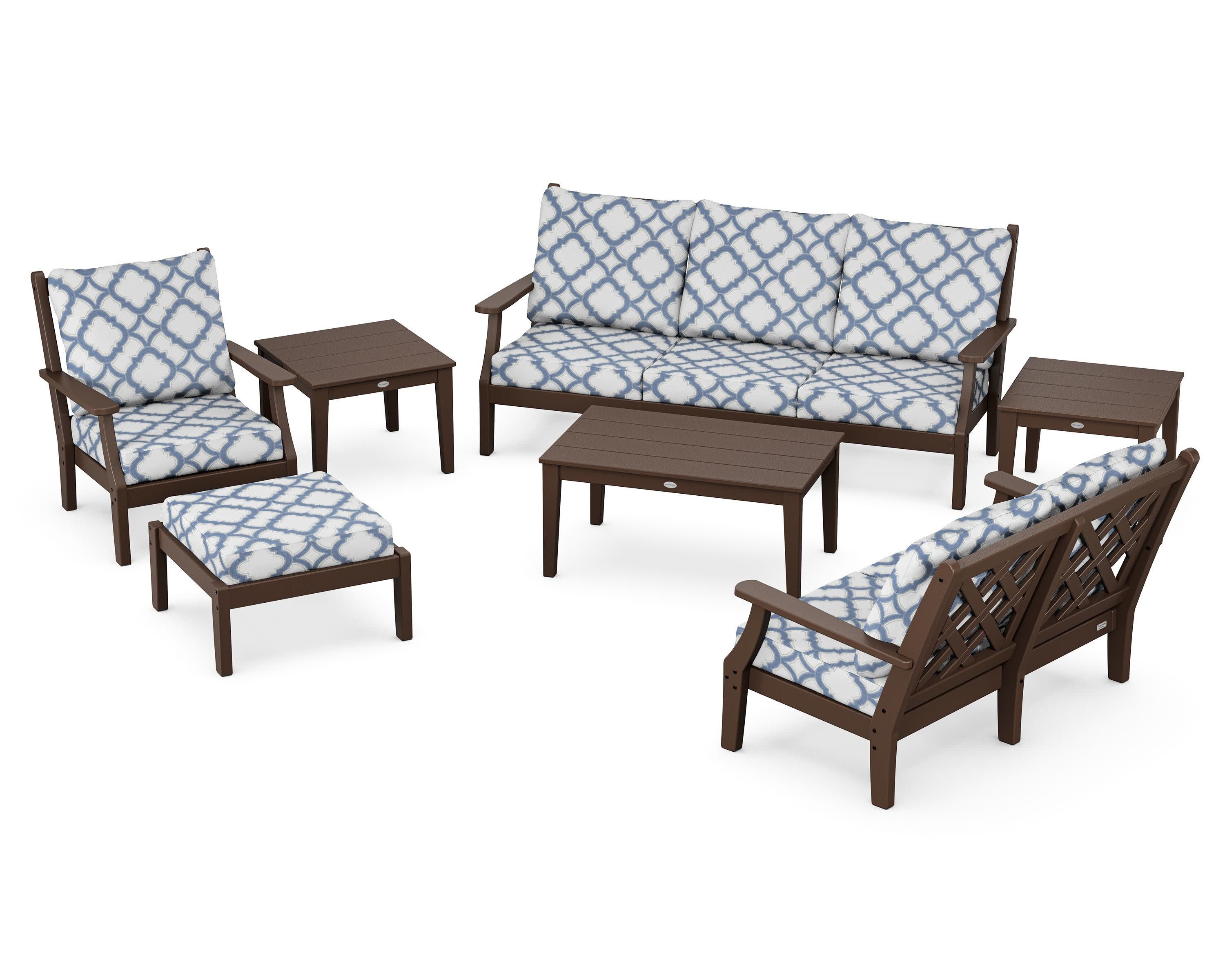 Wovendale 7-Piece Deep Seating Set in Mahogany / Trellis Sky Blue