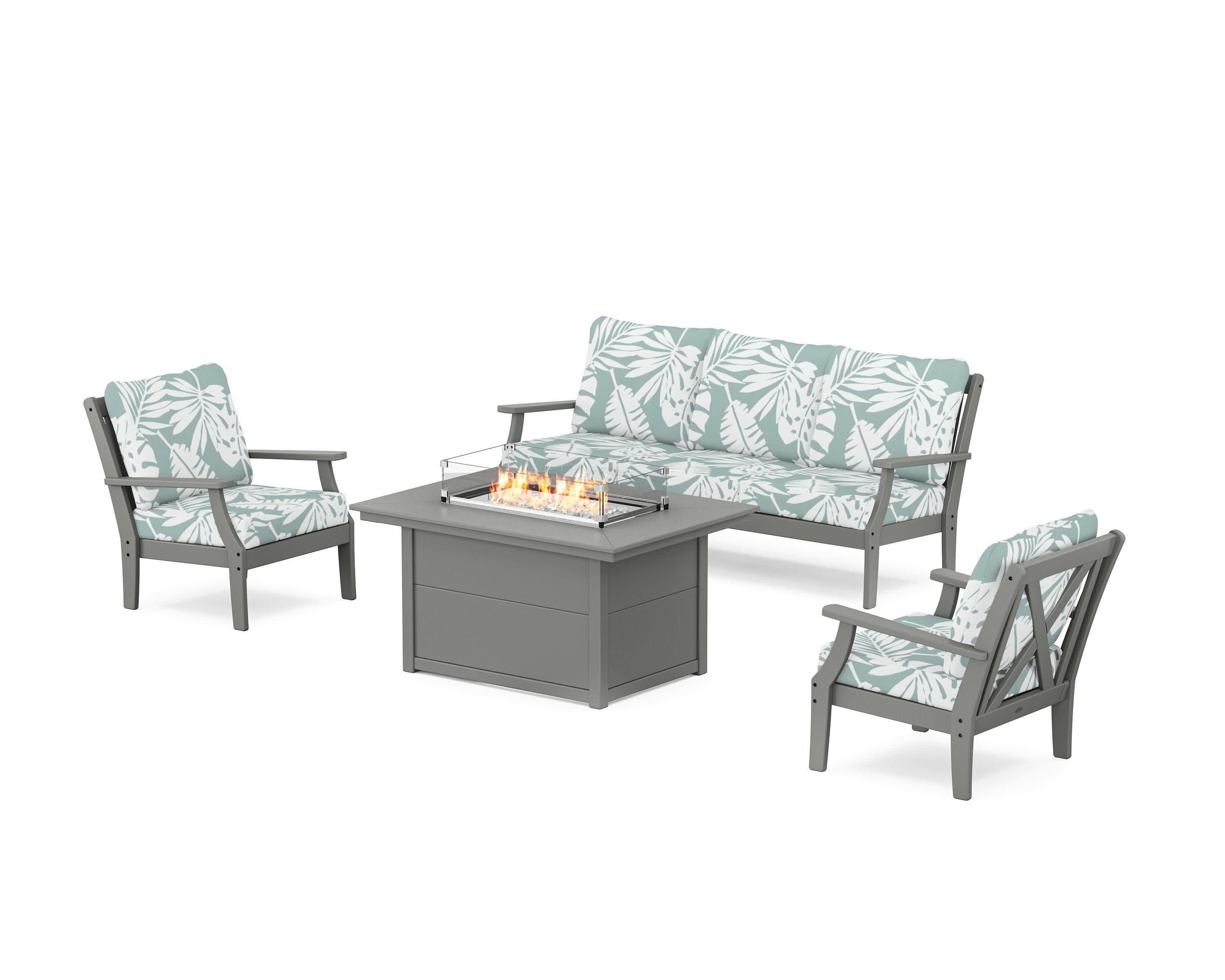 Braxton Deep Seating Fire Pit Table Set in Slate Grey / Leaf Glacier Spa