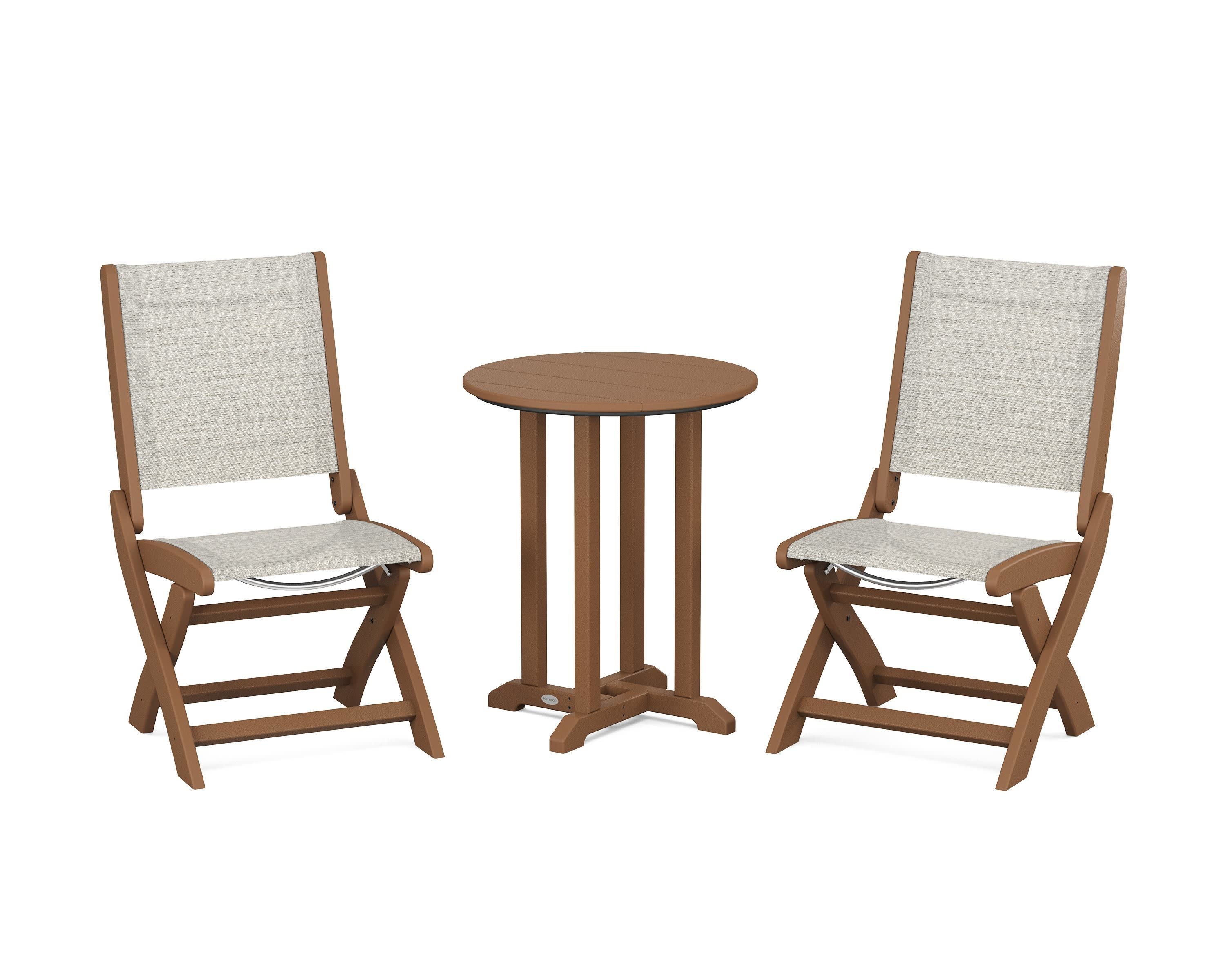 Coastal Folding Side Chair 3-Piece Round Bistro Dining Set in Teak / Birch Sling