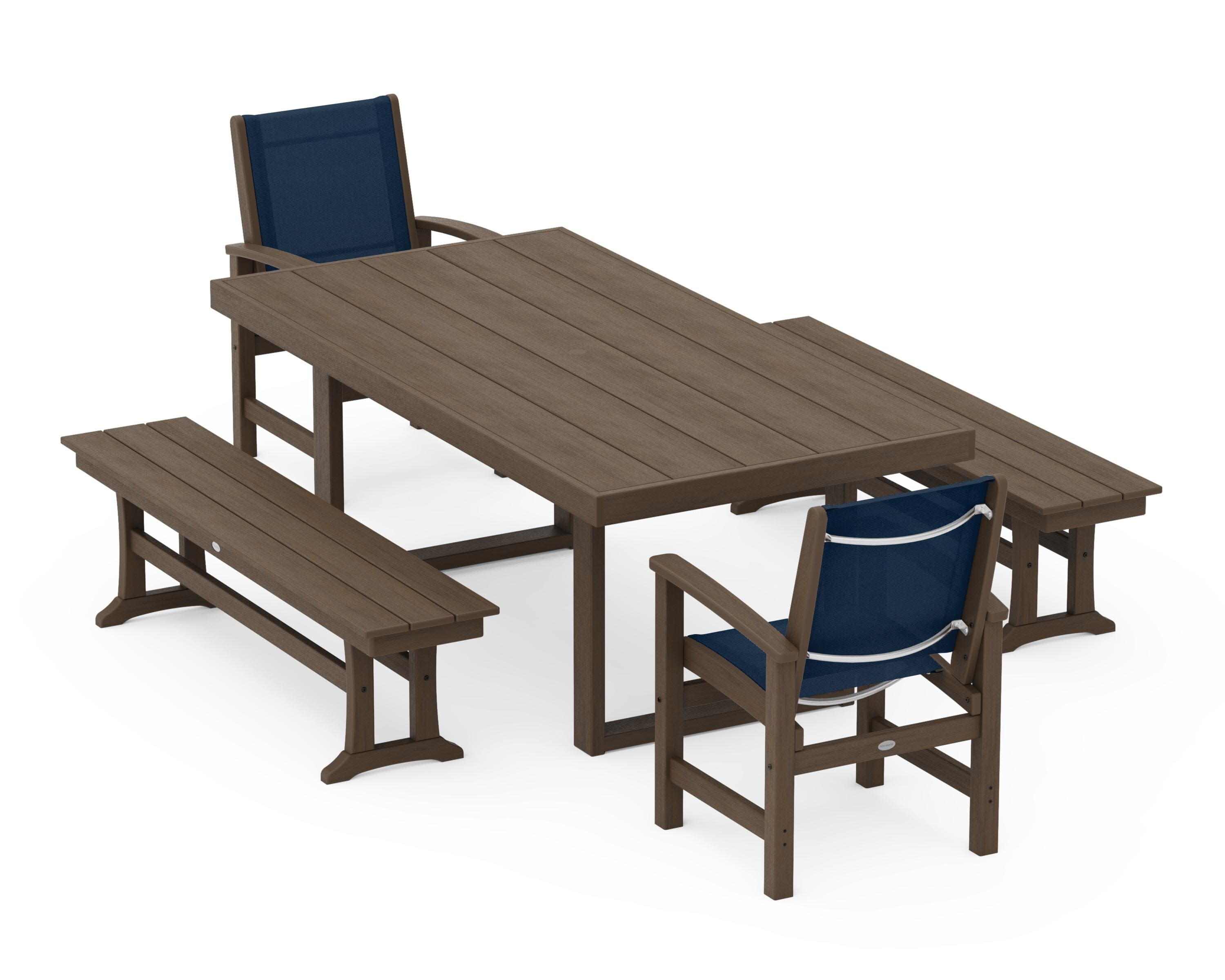 Coastal 5-Piece Dining Set with Trestle Legs in Kona / Navy Blue Sling