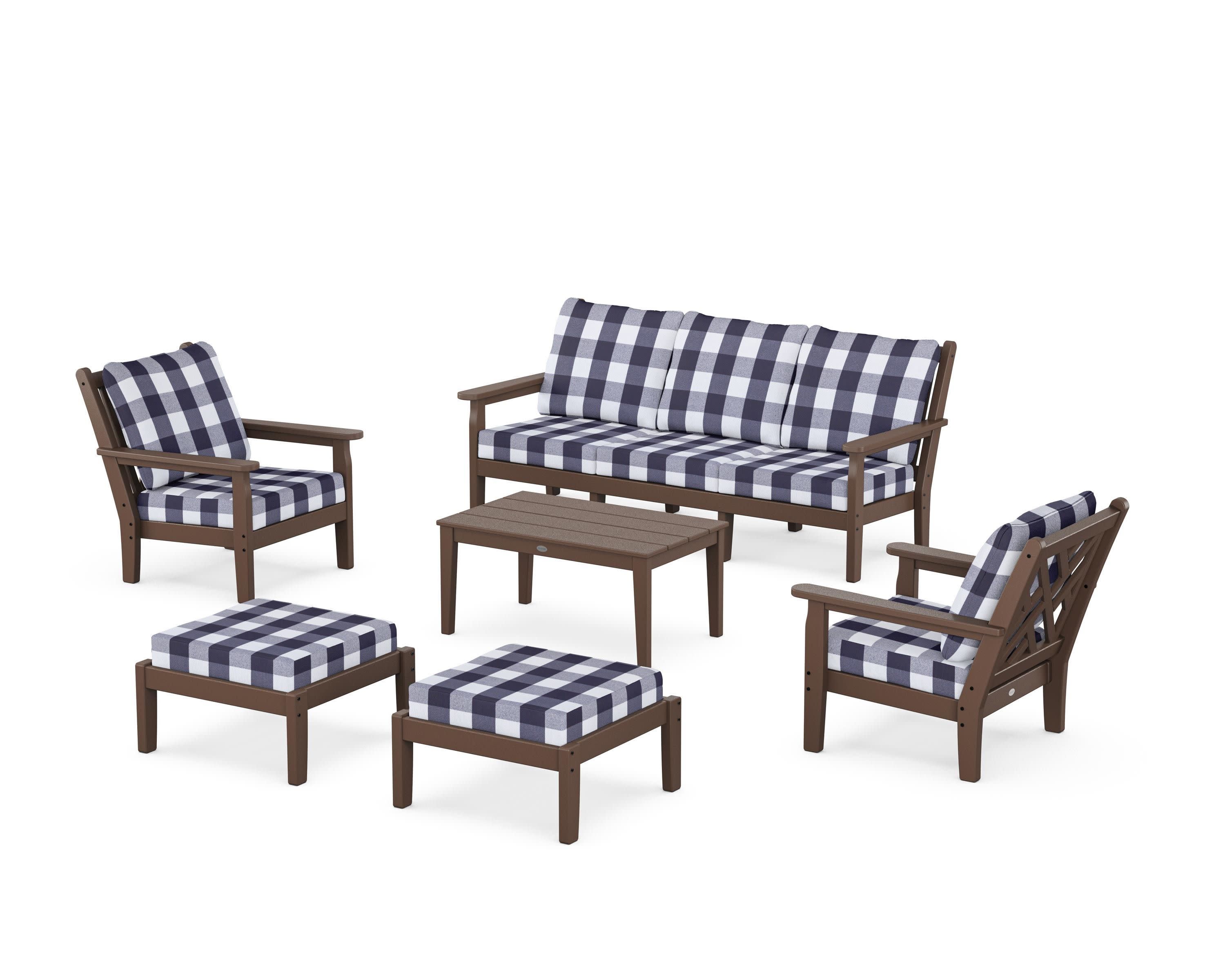 Chippendale 6-Piece Lounge Sofa Set in Mahogany / Buffalo Plaid Navy