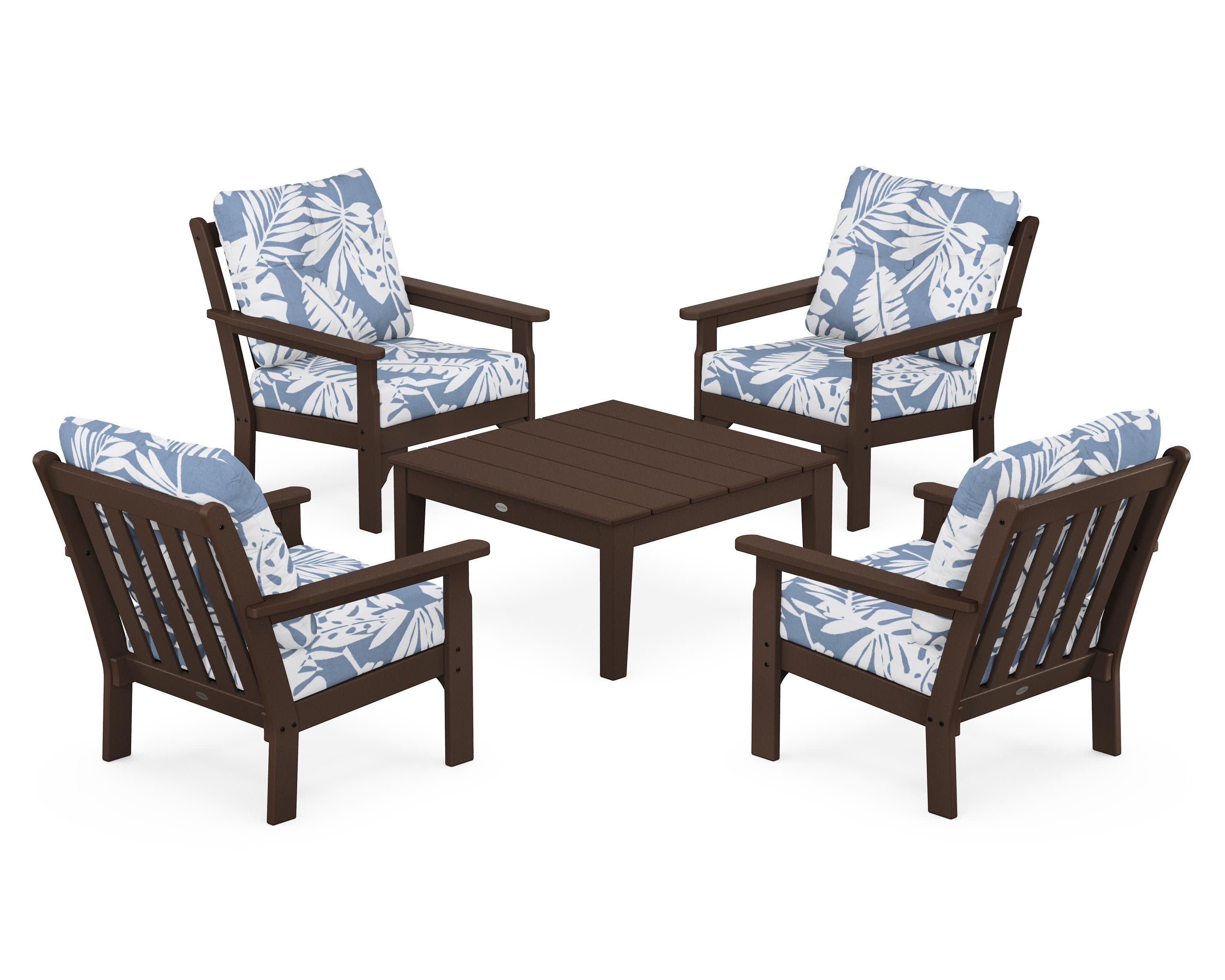 Vineyard 5-Piece Deep Seating Conversation Set in Mahogany / Leaf Sky Blue
